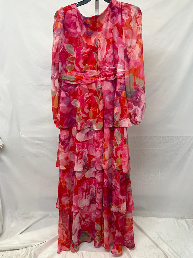 xscape Plus "Norene" Print Chiffon Long Sleeve Ruffle Floor Length Dress
