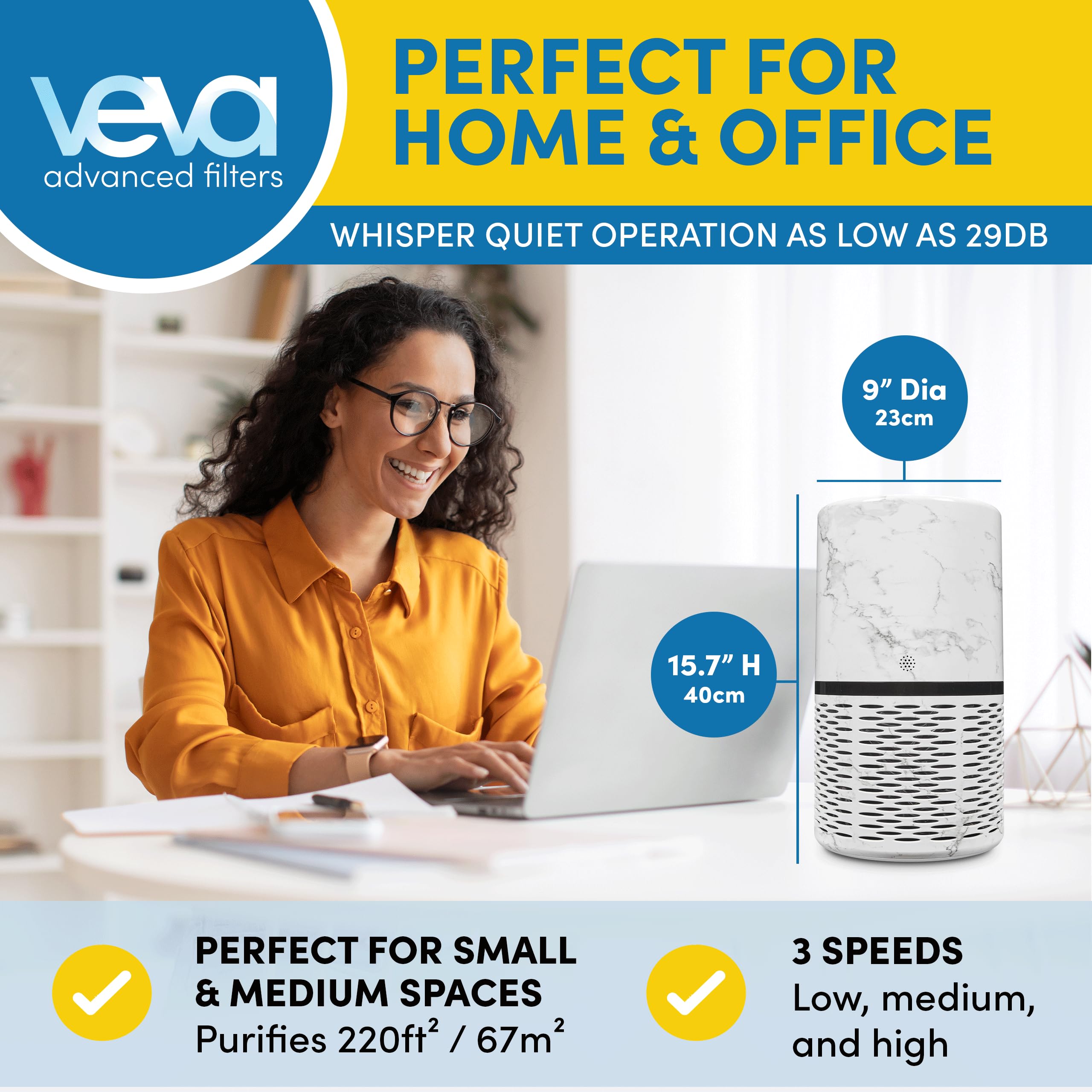 Veva White Circular Air Purifier, Compact and Modern with UV-C Light, HEPA Filter, 3 Speed Settings, Soft Light, 220 sqft coverage