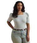Lauren Ralph Lauren Women's Plus Size Striped Cotton Jersey Puff-Sleeve Tee Aqua Pearl/Mascarpone Cream 2X, 3x