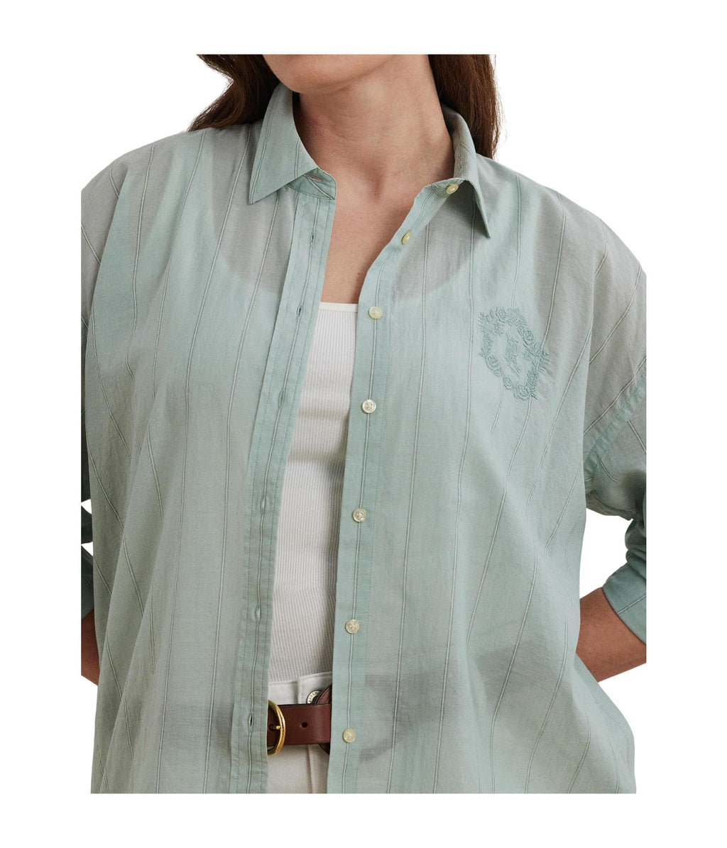 Lauren Ralph Lauren Women's Plus Size Oversize Striped Cotton Voile Shirt Washed Sage Multicolor 3X