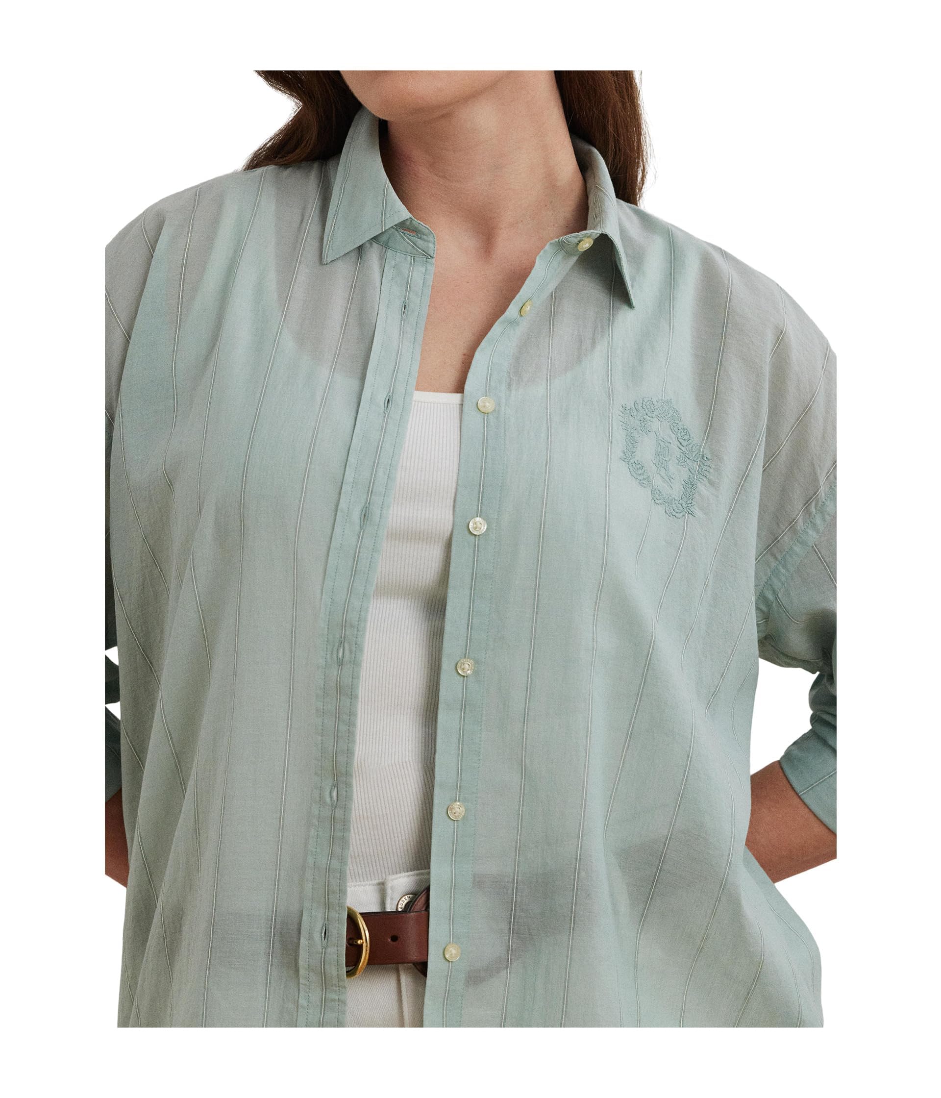 Lauren Ralph Lauren Women's Plus Size Oversize Striped Cotton Voile Shirt Washed Sage Multicolor 3X