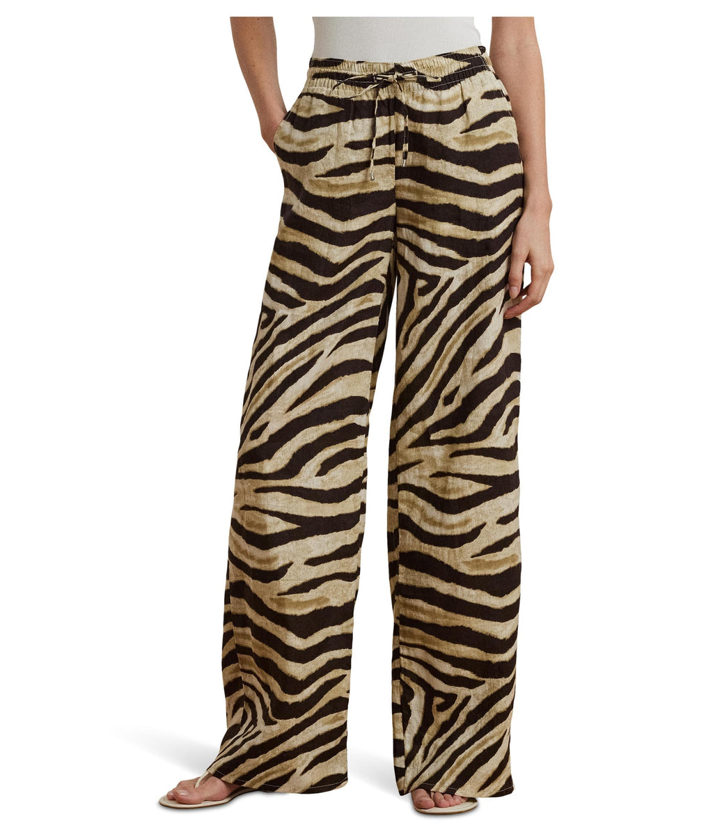 Lauren Ralph Lauren, Womens, Zebra-Print Linen Wide-Leg Pants, Cream/Brown, Size: X-Small, 32