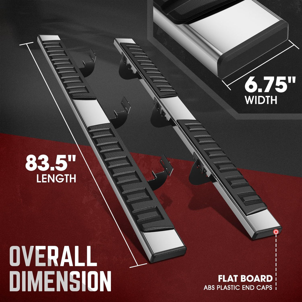 DNA Motoring 6.75" Wide Flat Running Boards Side Step Bars Compatible with 2011-2023 Ram 2500 3500 Crew Cab 4-Dr, Stainless Steel, Chrome/Black, STEPB-A-0029