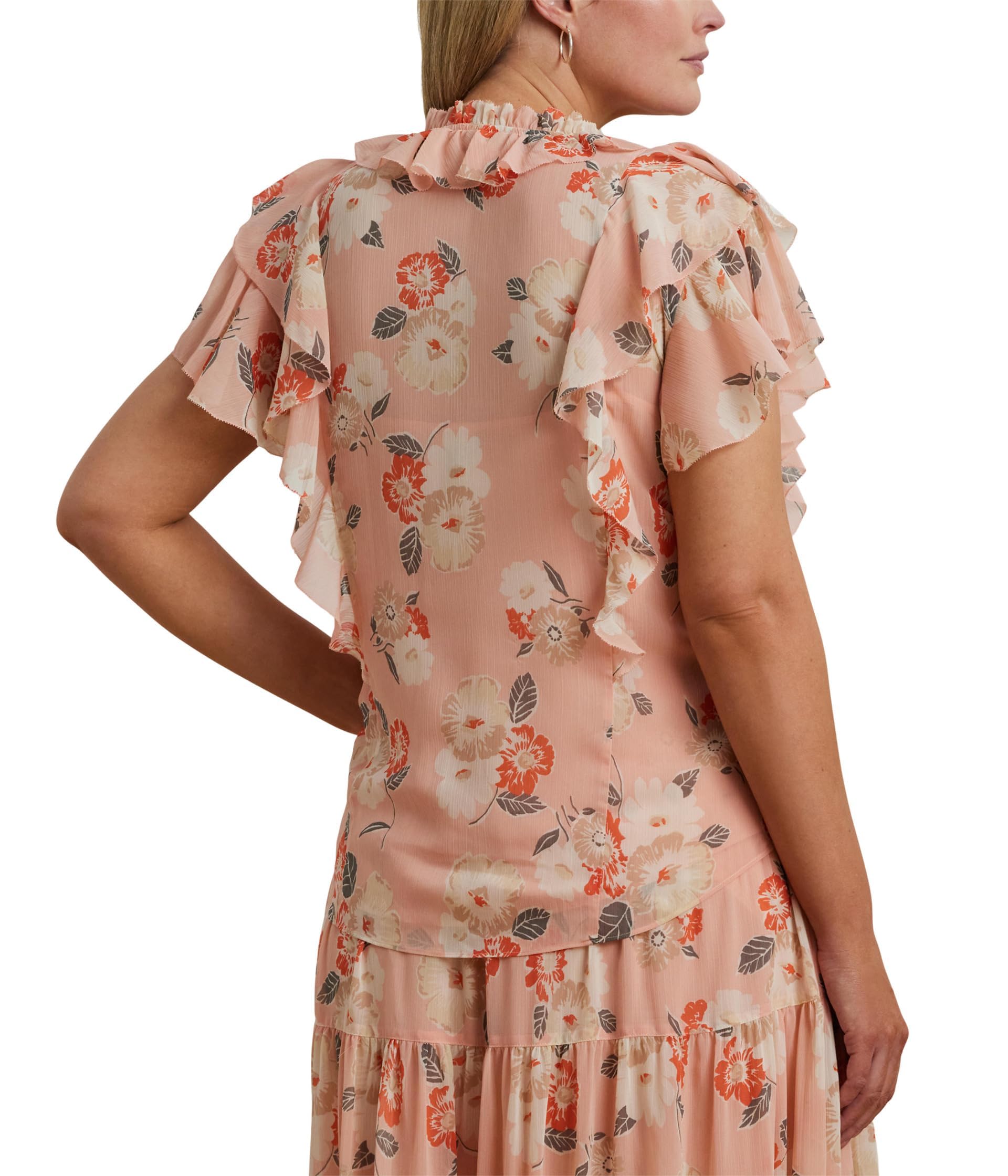 Lauren Ralph Lauren, Women's, Plus Size Floral Ruffle-Trim Georgette Blouse, Pink Multi, 2X