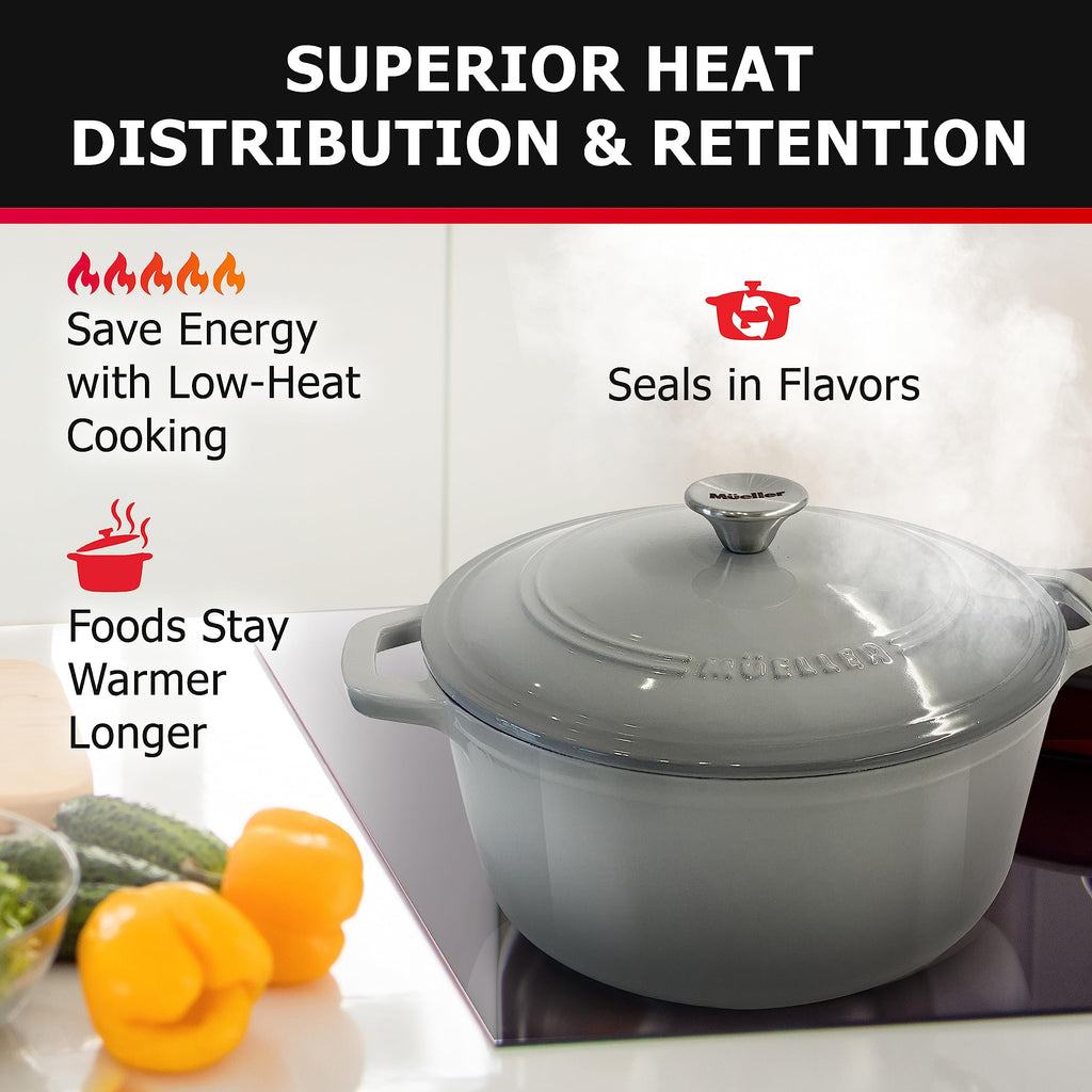 Mueller 6 Quart Enameled Cast Iron Pot Dutch Oven, Heavy-Duty Oven-Safe up to 500° F, & Across All Cooktops, Casserole Dishes for Ovens, Bread Pan with Lid and Knob, Cast Iron Cookware, Grey
