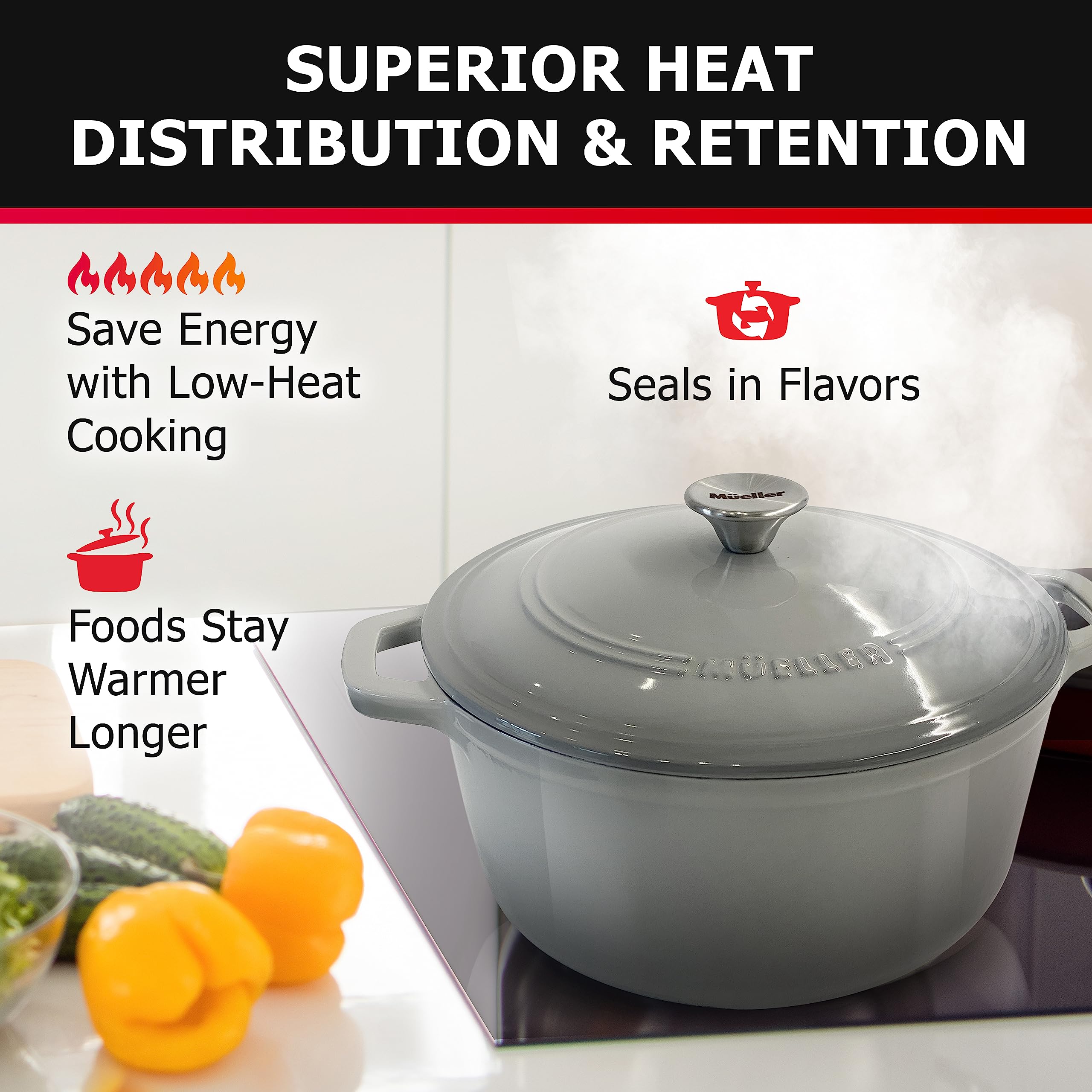 Mueller 6 Quart Enameled Cast Iron Pot Dutch Oven, Heavy-Duty Oven-Safe up to 500° F, & Across All Cooktops, Casserole Dishes for Ovens, Bread Pan with Lid and Knob, Cast Iron Cookware, Grey