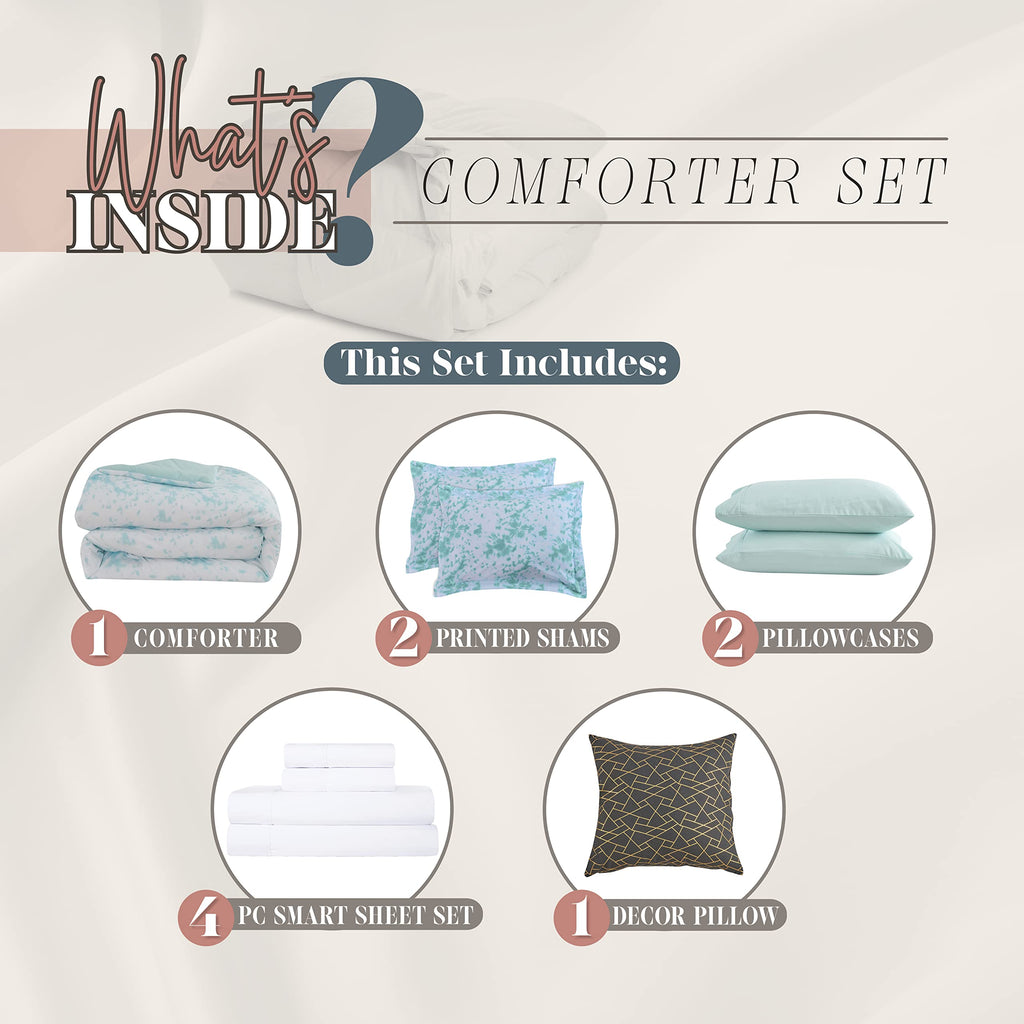 Elegant Comfort Reversible 10-Piece Comforter Set, Tie-Dye Print, Decorative Pillow and Fitted Sheet with Smart Pockets, Soft, Plush, Lightweight Material, 10pc Tie-Dye Set, Cali King, Aqua Mint