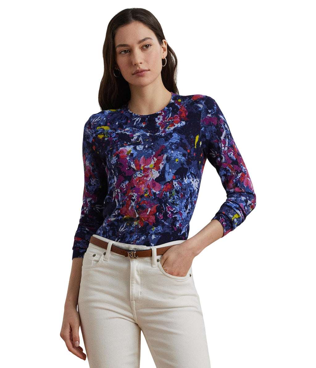 Lauren Ralph Lauren Womens Print Cotton-Blend Sweater Blue Multi X-Large