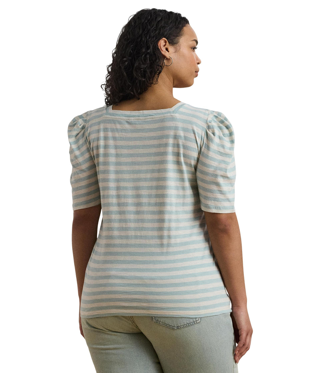 Lauren Ralph Lauren Women's Plus Size Striped Cotton Jersey Puff-Sleeve Tee Aqua Pearl/Mascarpone Cream 2X, 3x