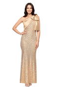 Betsy & Adam Women’s Sequin One Shoulder Satin Drape Floor Length Dress, Champagne, 6