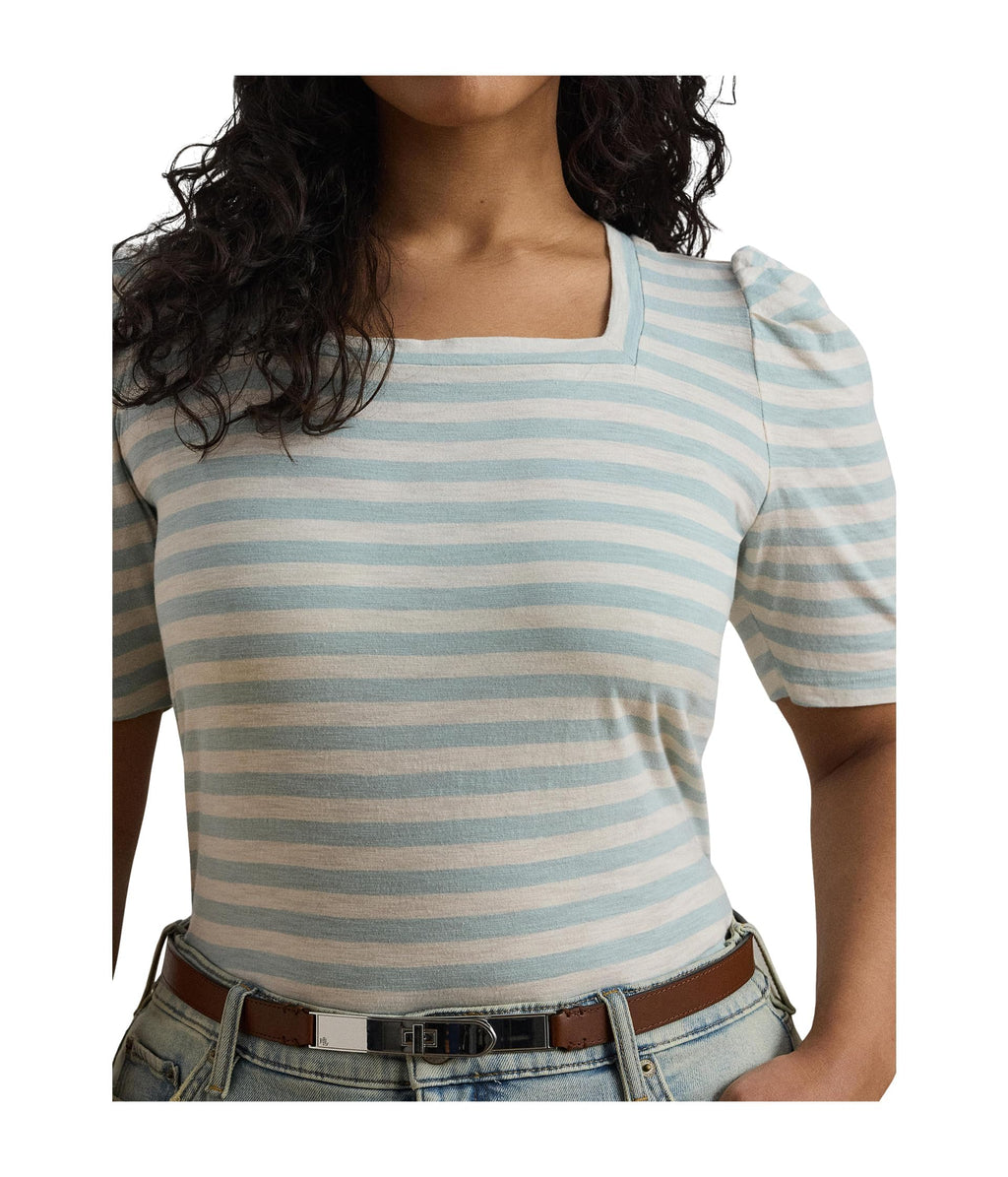 Lauren Ralph Lauren Women's Plus Size Striped Cotton Jersey Puff-Sleeve Tee Aqua Pearl/Mascarpone Cream 2X, 3x