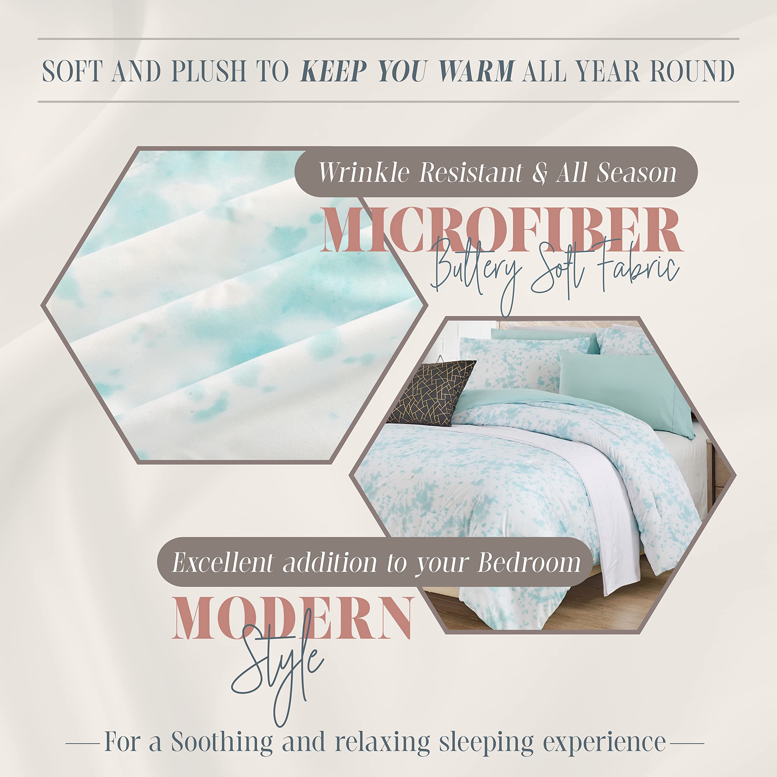 Elegant Comfort Reversible 10-Piece Comforter Set, Tie-Dye Print, Decorative Pillow and Fitted Sheet with Smart Pockets, Soft, Plush, Lightweight Material, 10pc Tie-Dye Set, Cali King, Aqua Mint