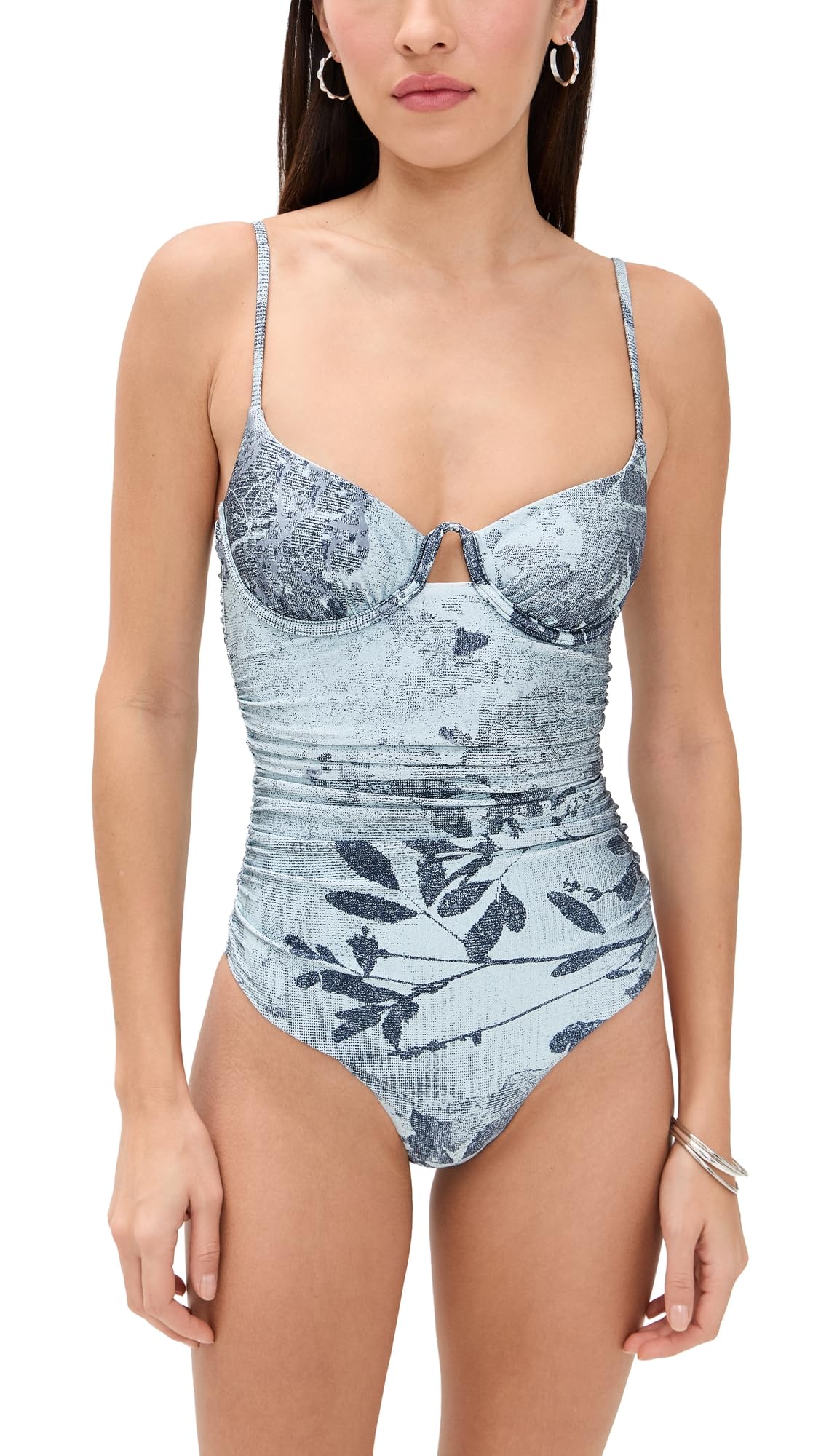 SIMKHAI Women's Laine Ruched One Piece, Sky Floral, L