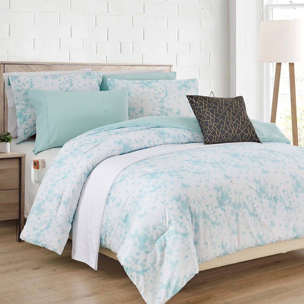 Elegant Comfort Reversible 10-Piece Comforter Set, Tie-Dye Print, Decorative Pillow and Fitted Sheet with Smart Pockets, Soft, Plush, Lightweight Material, 10pc Tie-Dye Set, Cali King, Aqua Mint
