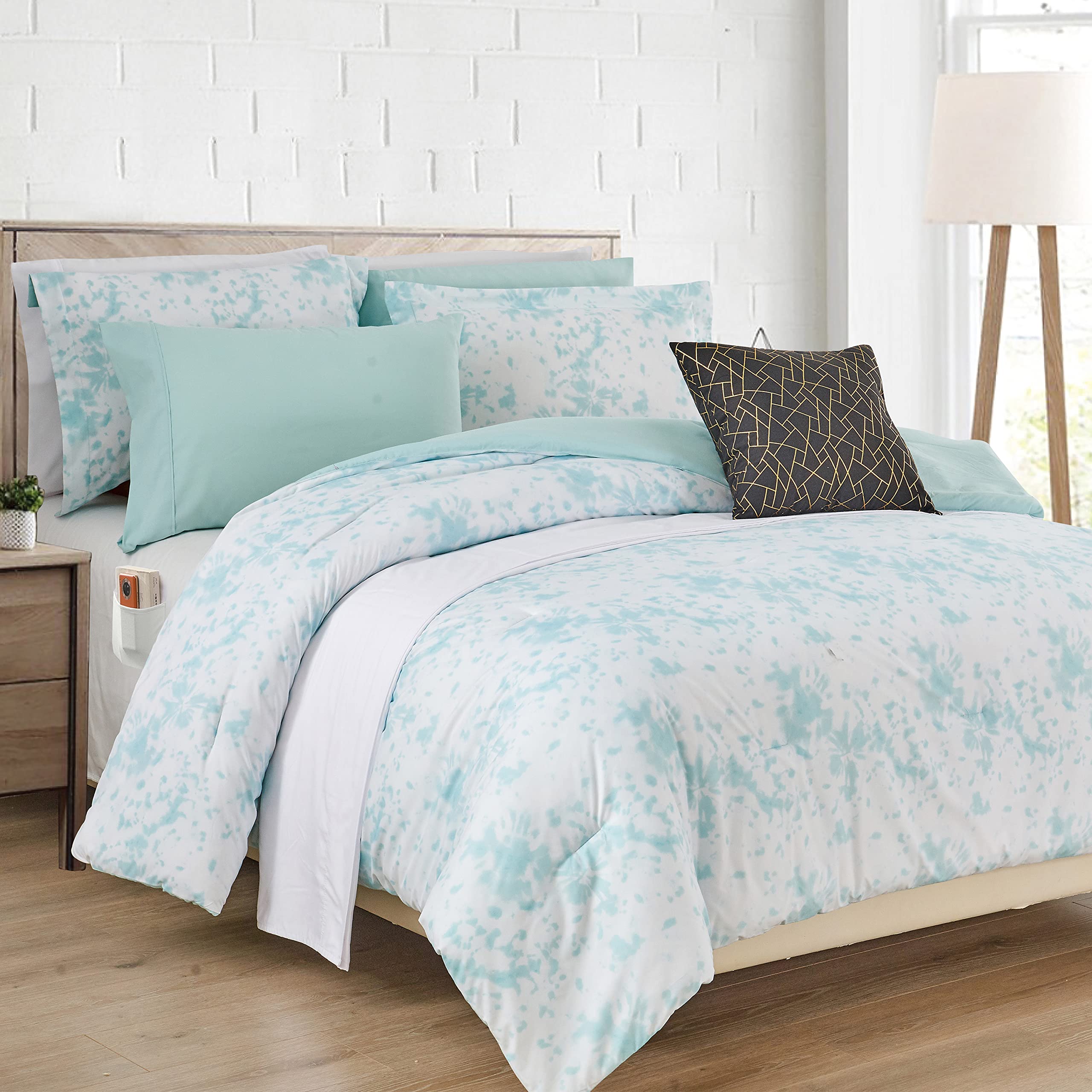 Elegant Comfort Reversible 10-Piece Comforter Set, Tie-Dye Print, Decorative Pillow and Fitted Sheet with Smart Pockets, Soft, Plush, Lightweight Material, 10pc Tie-Dye Set, Cali King, Aqua Mint