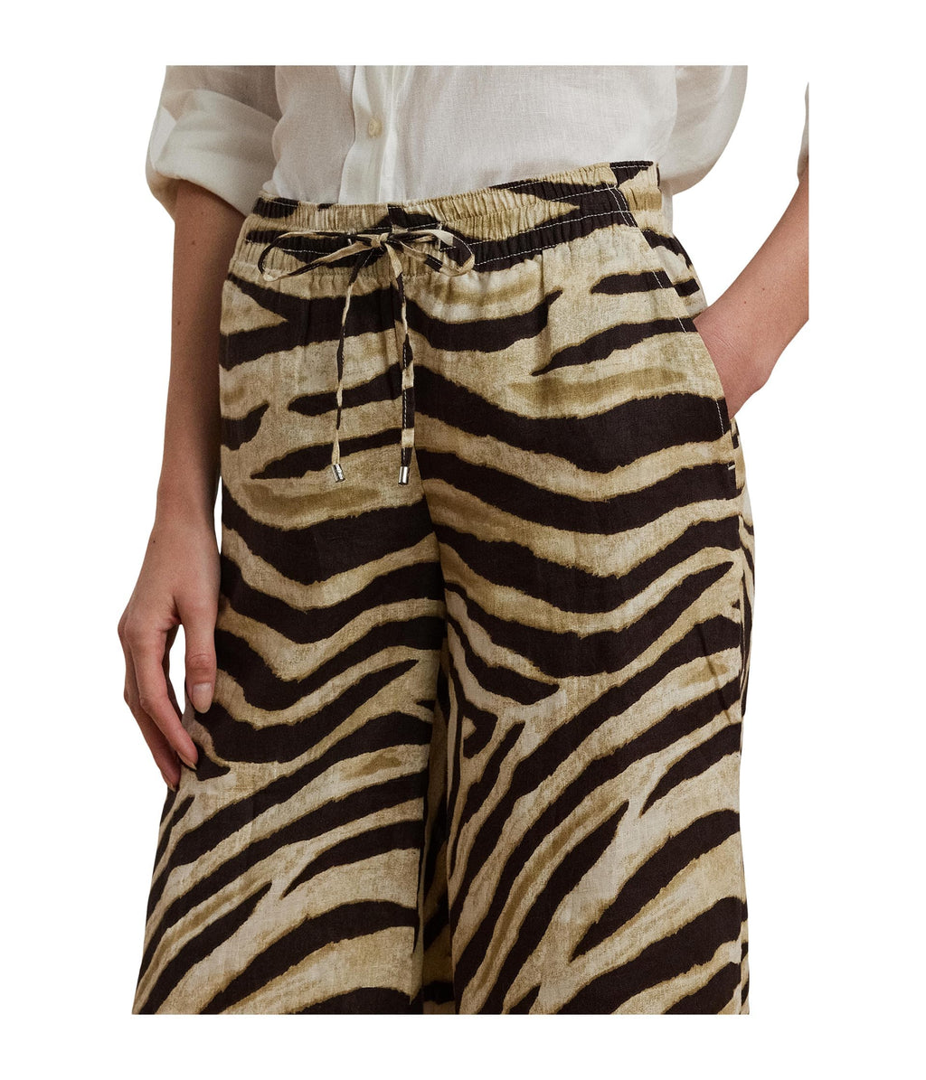 Lauren Ralph Lauren, Womens, Zebra-Print Linen Wide-Leg Pants, Cream/Brown, Size: X-Small, 32