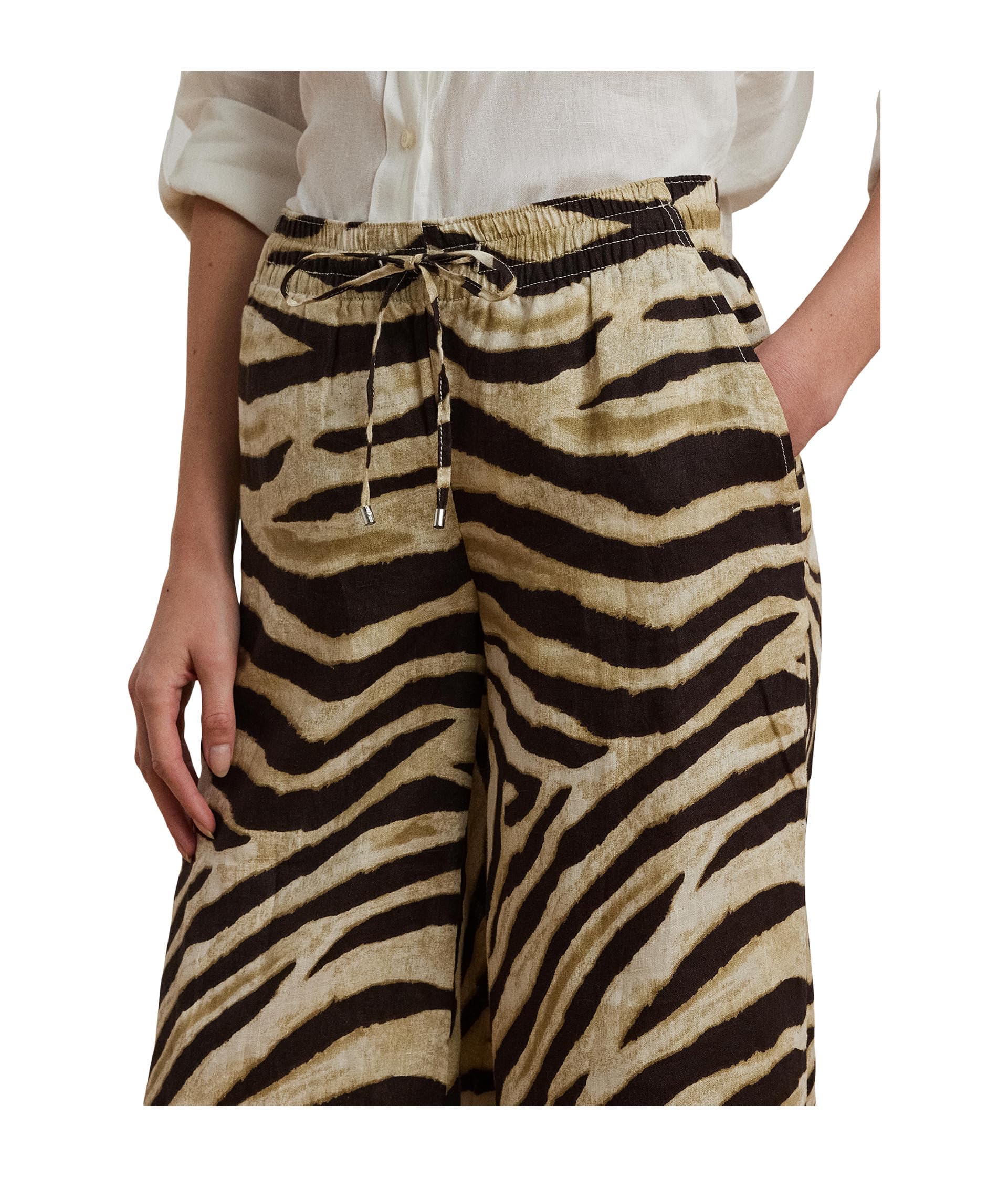 Lauren Ralph Lauren, Womens, Zebra-Print Linen Wide-Leg Pants, Cream/Brown, Size: X-Small, 32