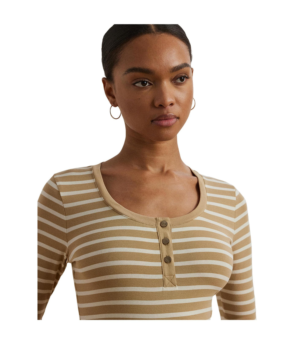 Lauren Ralph Lauren, Womens, Striped Elbow-Sleeve Henley Top, Birch Tan/Mascarpone Cream, Large
