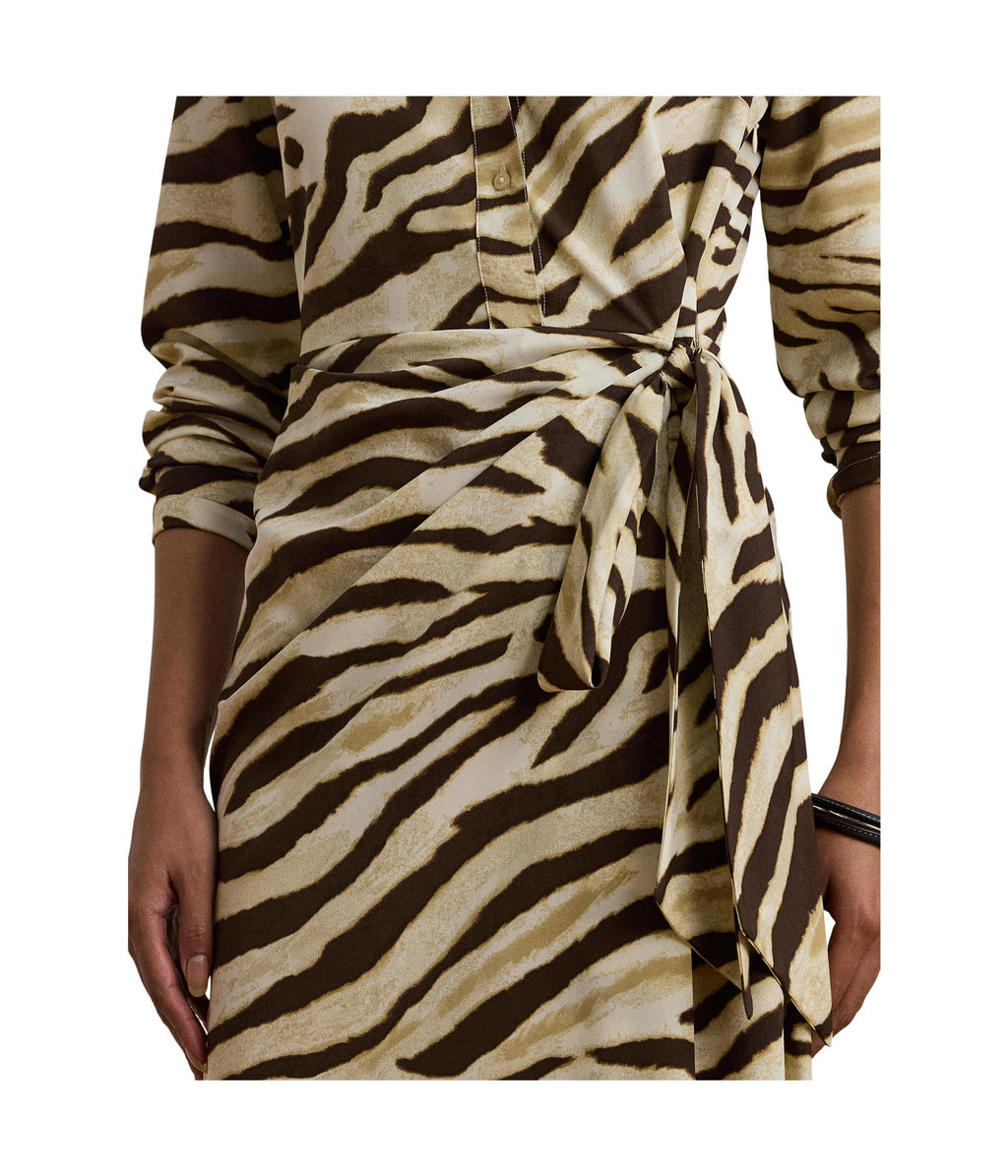 Lauren Ralph Lauren, Womens, Zebra-Print Tie-Front Crepe Shirtdress, Cream/Brown