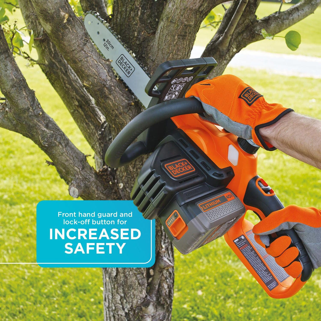 BLACK+DECKER 40V MAX Electric Chainsaw Cordless, 12 Inch Battery Chainsaw, Battery and Charger Included, Longer Runtime, Lightweight Rechargeable (LCS1240)