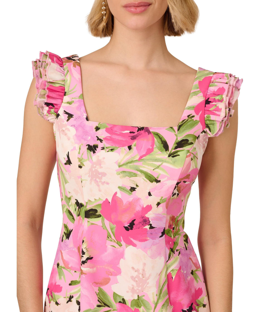 Adrianna Papell Womens Printed Midi Dress Pink Multi 16