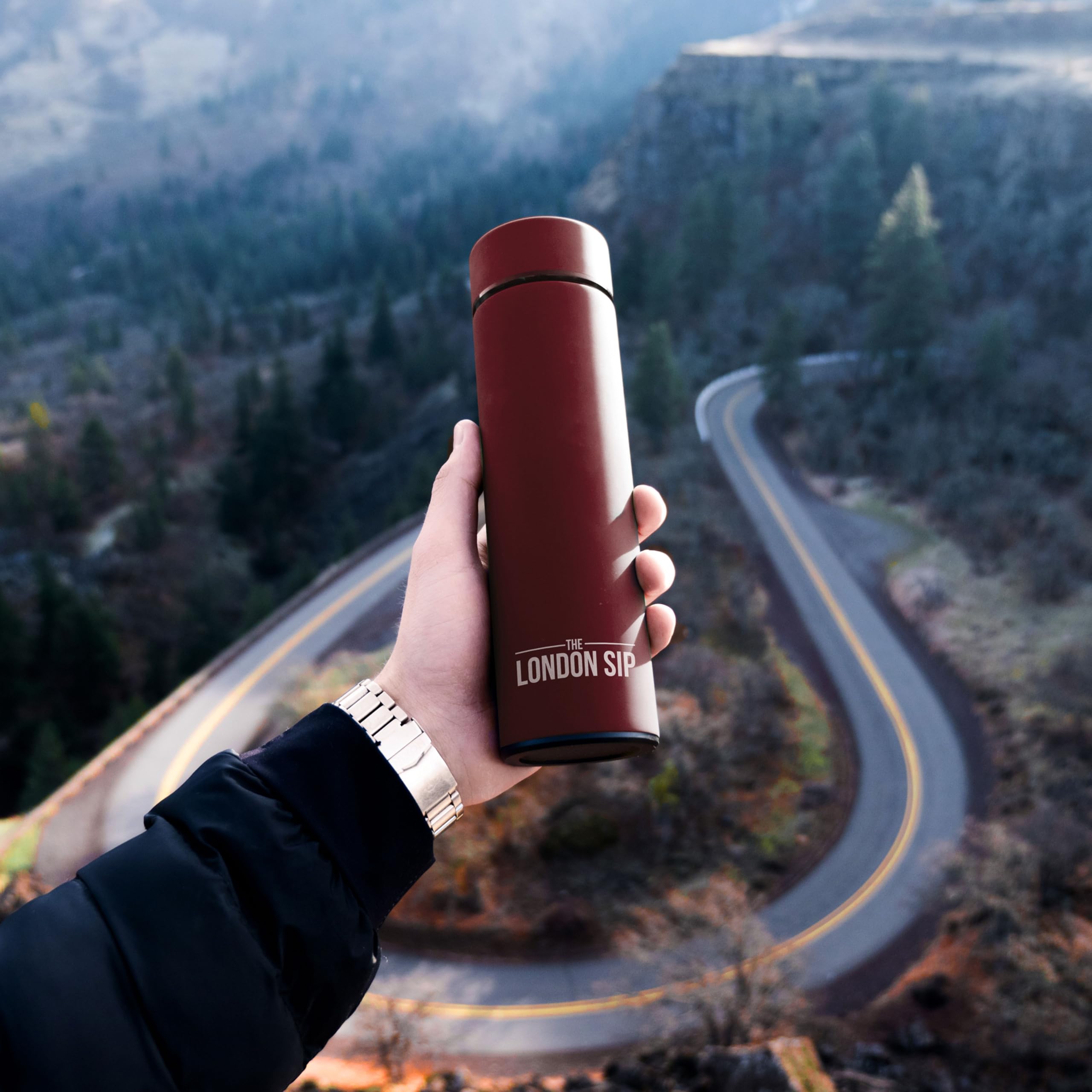 The London Sip Multi-Purpose Travel Mug and Tumbler Fruit Infused Flask Hot and Cold Double Wall Stainless Steel Thermos with Extra-Long Infuser, Sacred Red