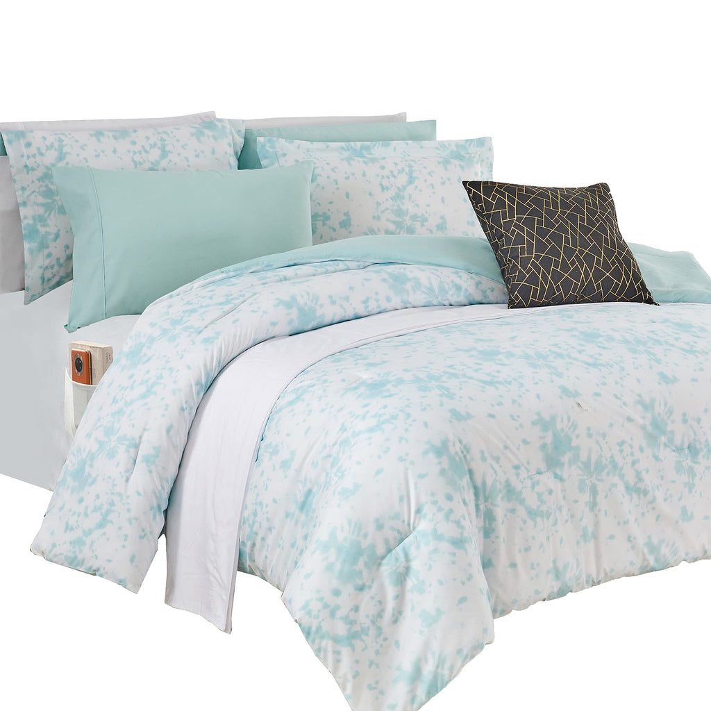 Elegant Comfort Reversible 10-Piece Comforter Set, Tie-Dye Print, Decorative Pillow and Fitted Sheet with Smart Pockets, Soft, Plush, Lightweight Material, 10pc Tie-Dye Set, Cali King, Aqua Mint