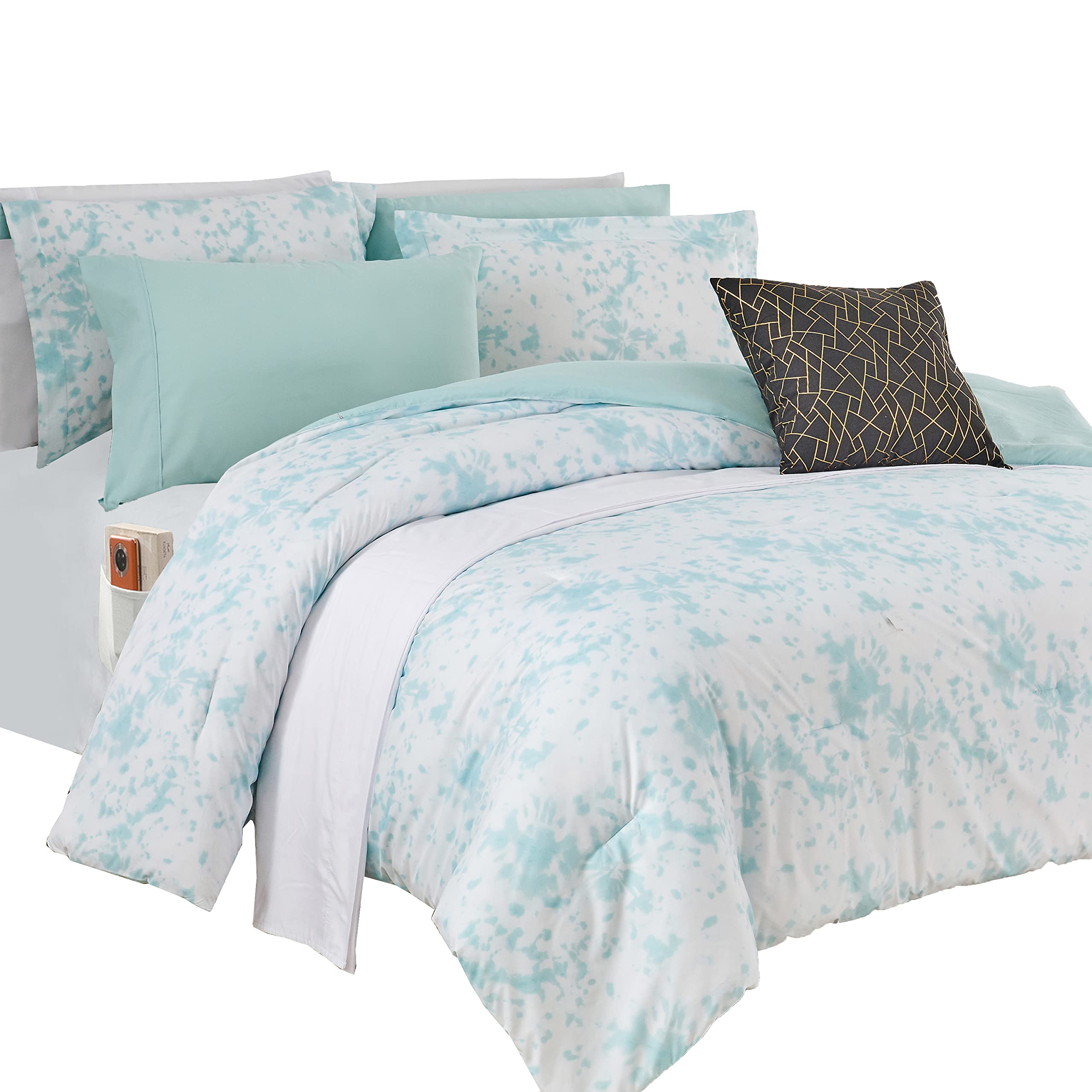 Elegant Comfort Reversible 10-Piece Comforter Set, Tie-Dye Print, Decorative Pillow and Fitted Sheet with Smart Pockets, Soft, Plush, Lightweight Material, 10pc Tie-Dye Set, Cali King, Aqua Mint