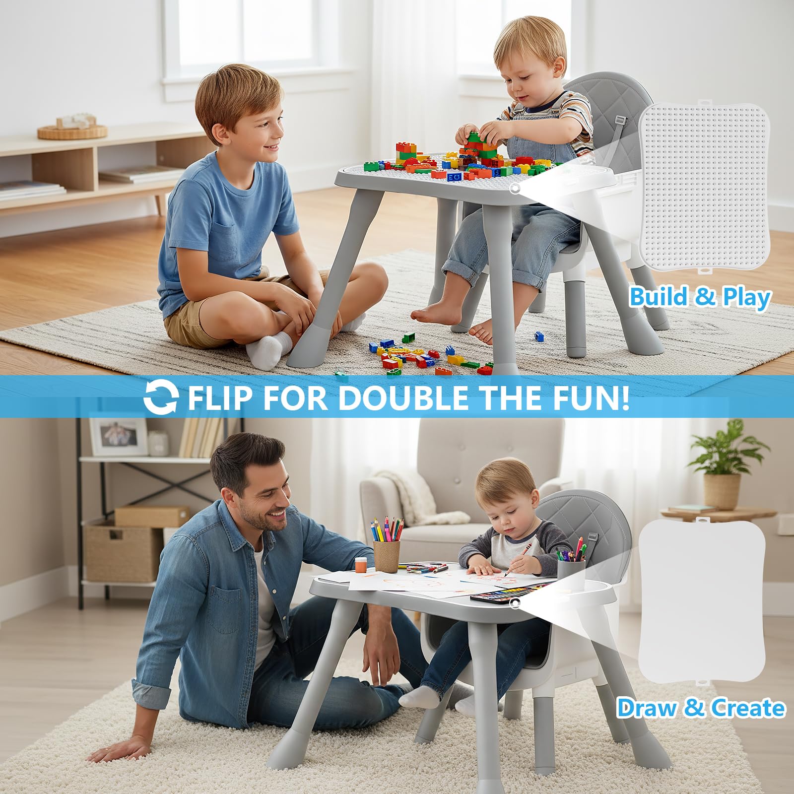6 in 1 Baby High Chair for Babies and Toddlers, Booster Seat, Kids Learning Table & Chair (Grey)