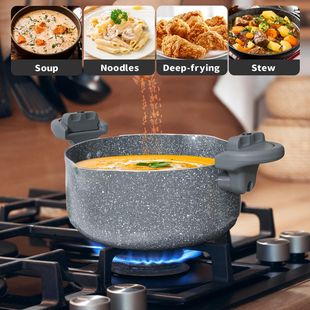 5QT Pasta Pot, Multipurpose with Strainer Lid, Twist and Lock Handles, Nonstick Ceramic Coating Spaghetti Pot for Effortless Cleanup with Tempered Glass Lid, Dishwasher Safe