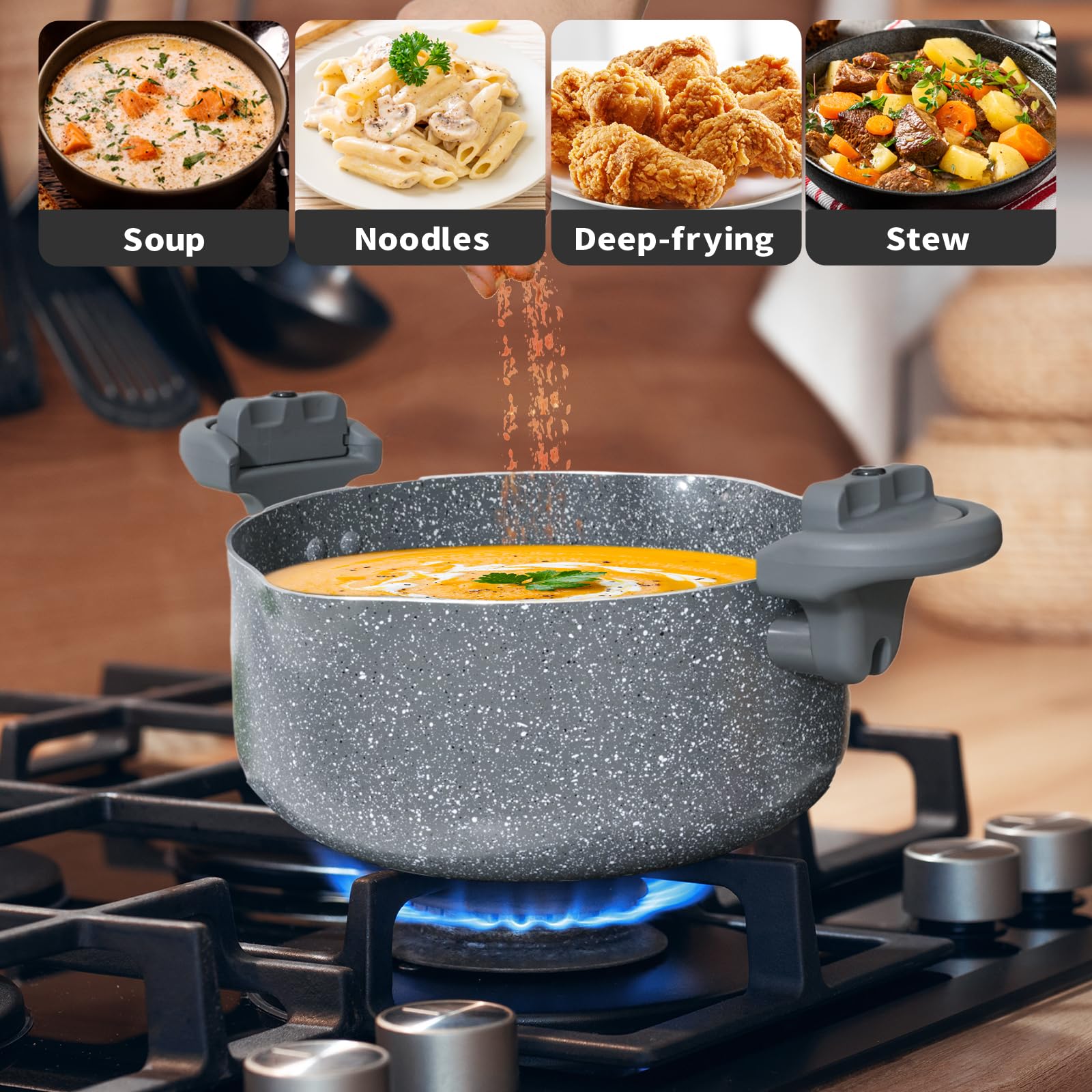 5QT Pasta Pot, Multipurpose with Strainer Lid, Twist and Lock Handles, Nonstick Ceramic Coating Spaghetti Pot for Effortless Cleanup with Tempered Glass Lid, Dishwasher Safe