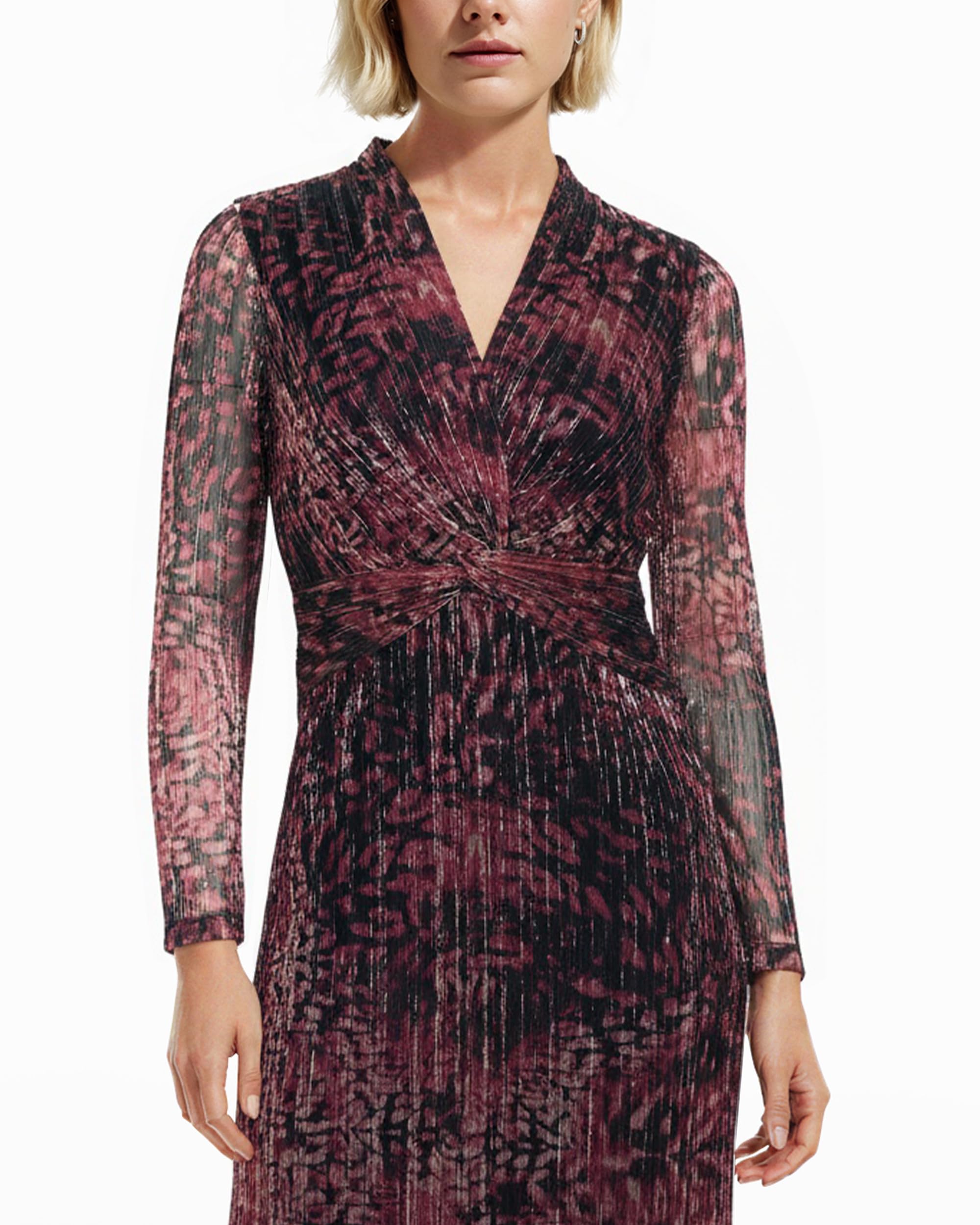 Anne Klein Women's Long Sleeve Twist Front Printed Shine Midi Dress new