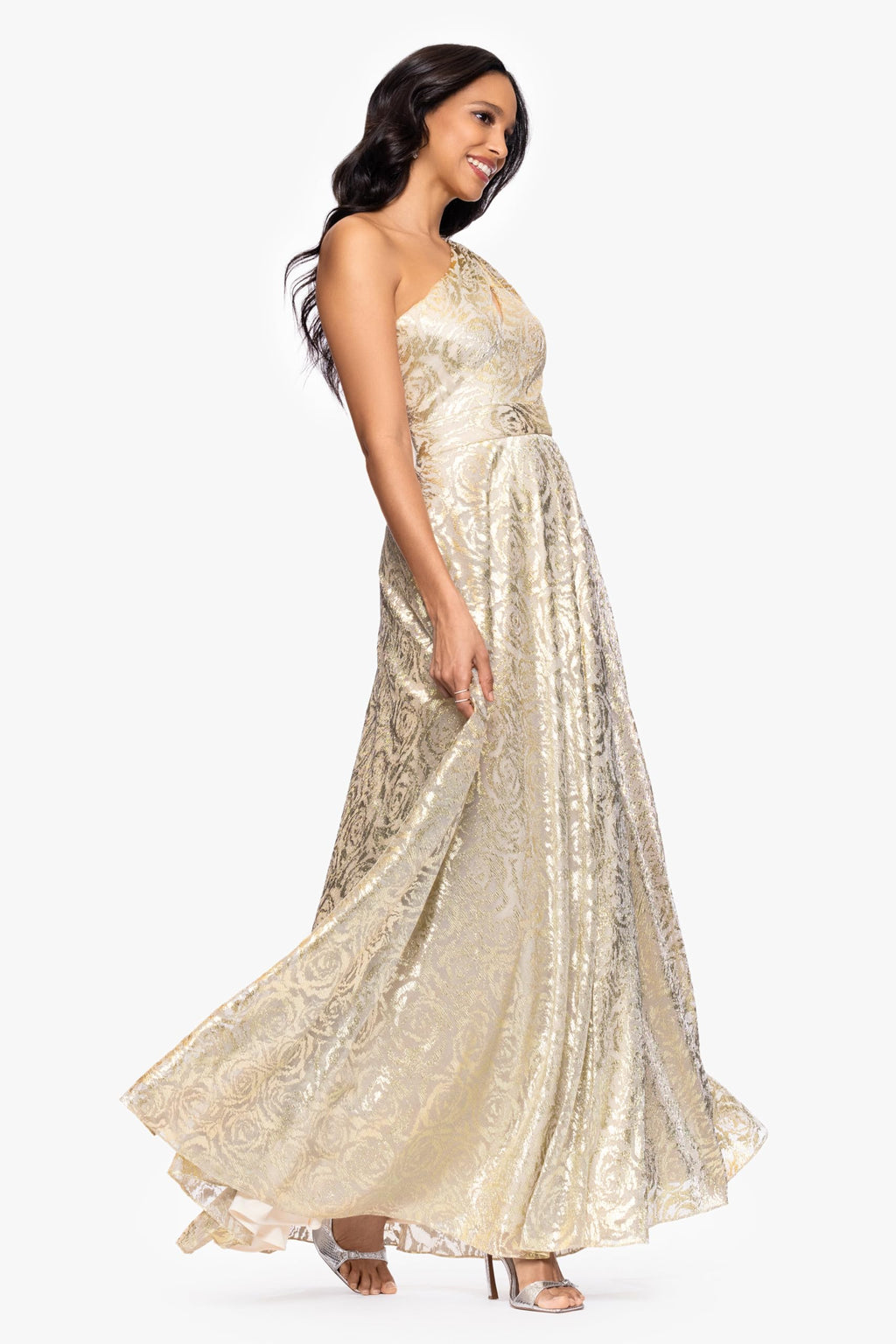 Betsy & Adam Women's Floor-Length, One-Shoulder, Wrap, Foil, Floral Gown, Champagne/Gold