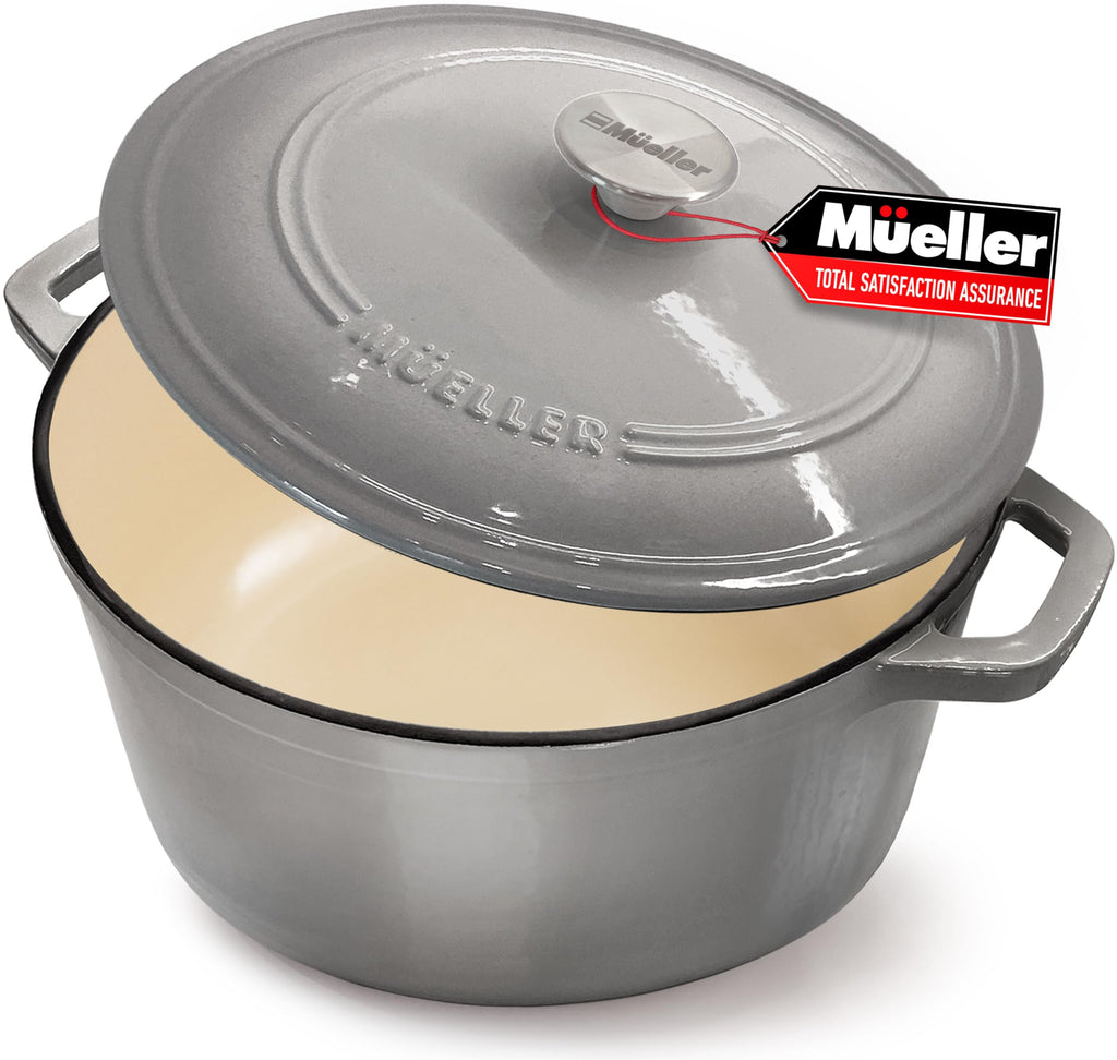 Mueller 6 Quart Enameled Cast Iron Pot Dutch Oven, Heavy-Duty Oven-Safe up to 500° F, & Across All Cooktops, Casserole Dishes for Ovens, Bread Pan with Lid and Knob, Cast Iron Cookware, Grey