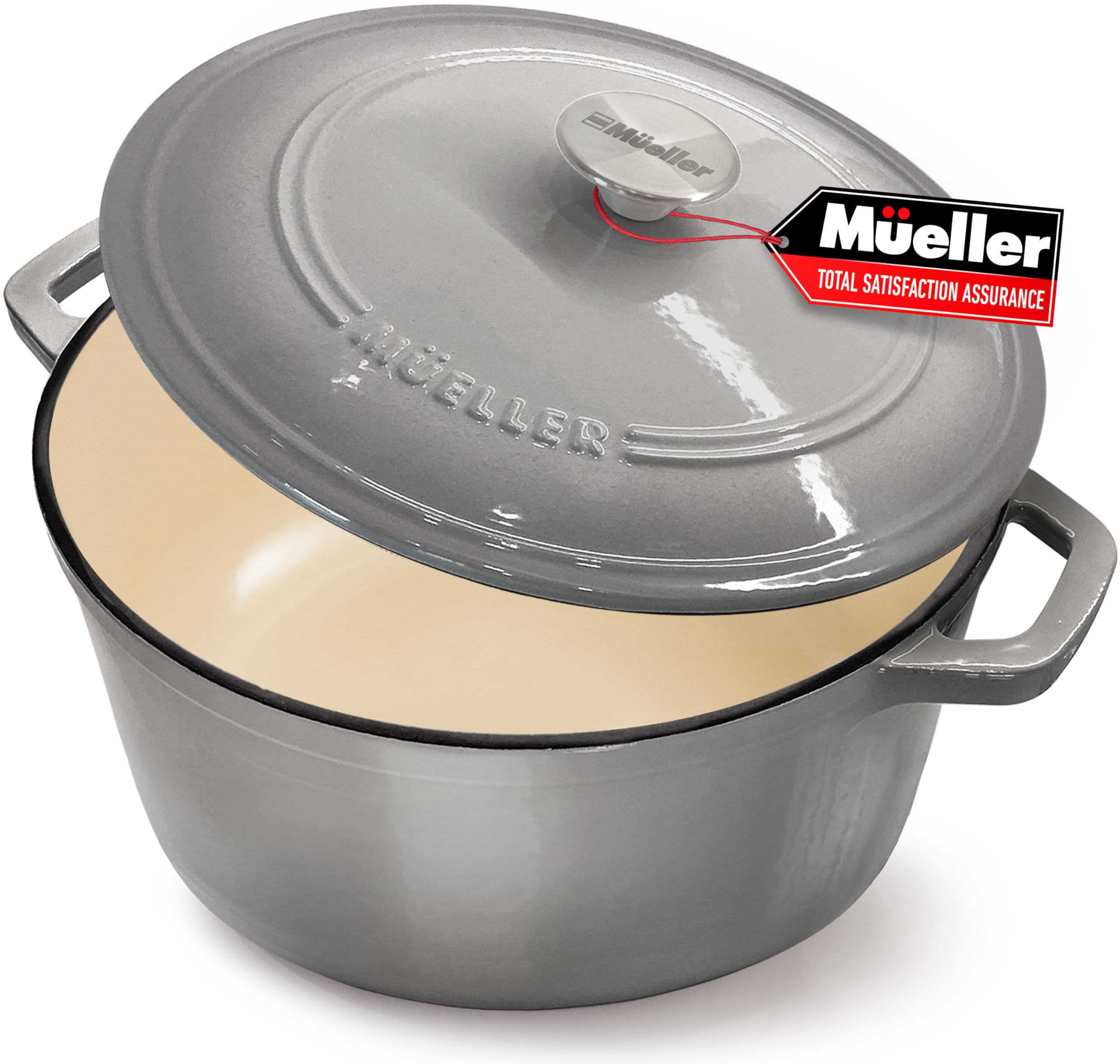 Mueller 6 Quart Enameled Cast Iron Pot Dutch Oven, Heavy-Duty Oven-Safe up to 500° F, & Across All Cooktops, Casserole Dishes for Ovens, Bread Pan with Lid and Knob, Cast Iron Cookware, Grey