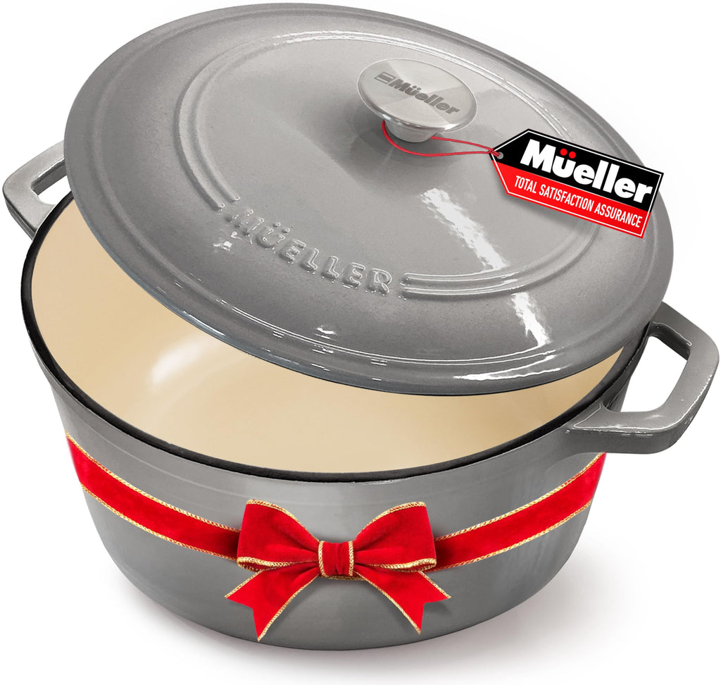 Mueller 6 Quart Enameled Cast Iron Pot Dutch Oven, Heavy-Duty Oven-Safe up to 500° F, & Across All Cooktops, Casserole Dishes for Ovens, Bread Pan with Lid and Knob, Cast Iron Cookware, Grey