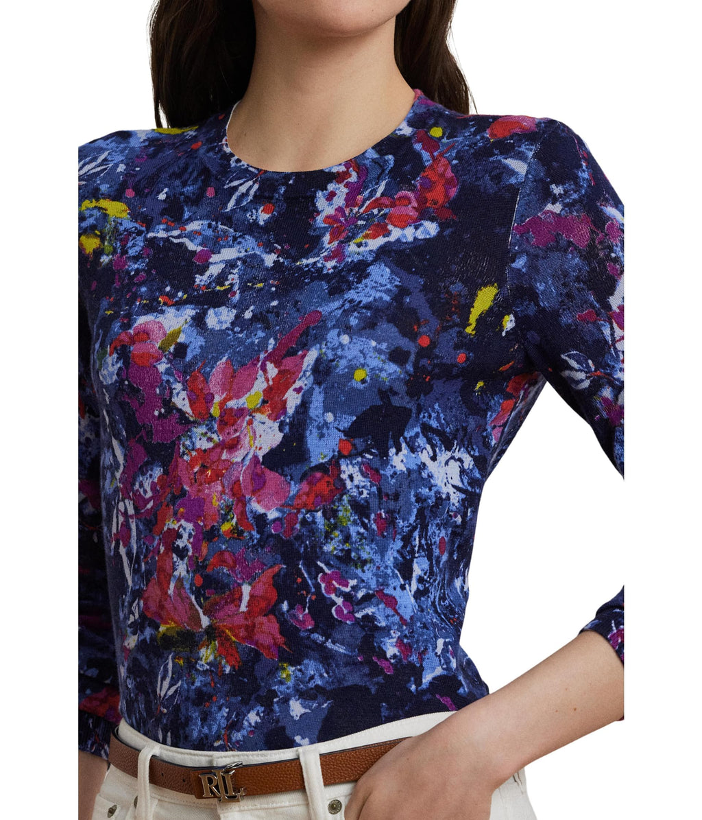 Lauren Ralph Lauren Womens Print Cotton-Blend Sweater Blue Multi X-Large