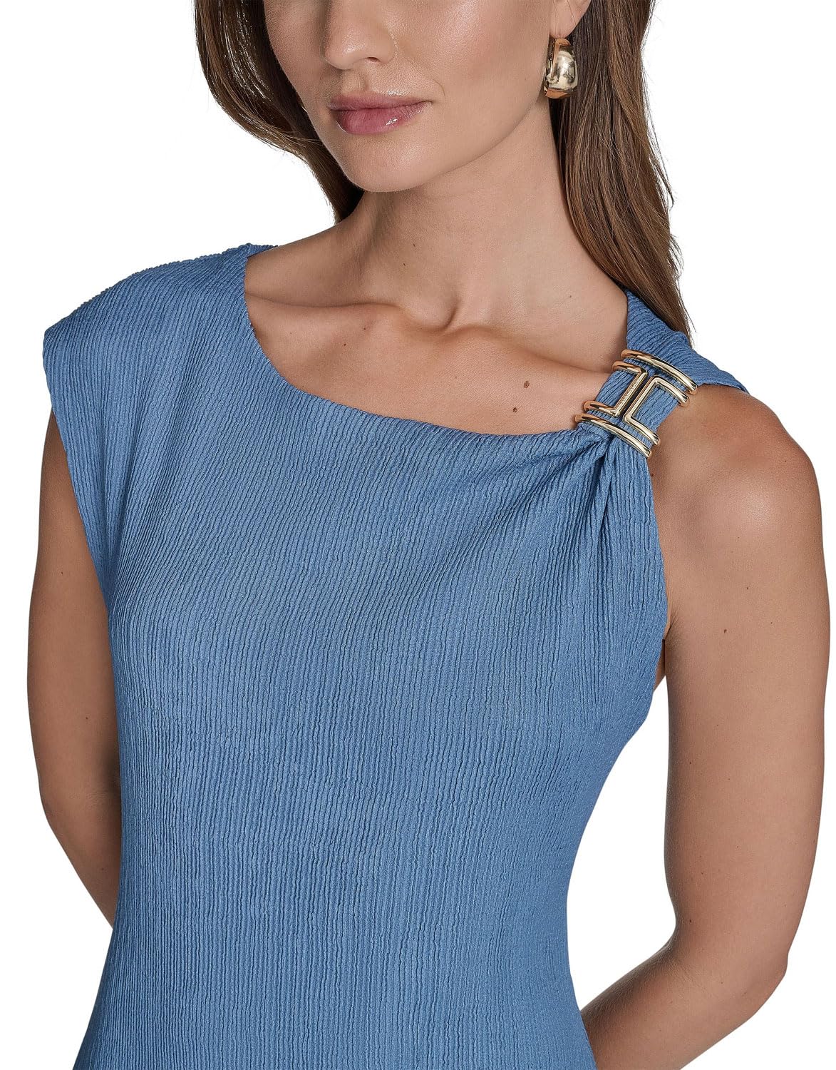 HALSTON H Women's Sleeveless Boat Neck Textured Knit Dress, Sky 12