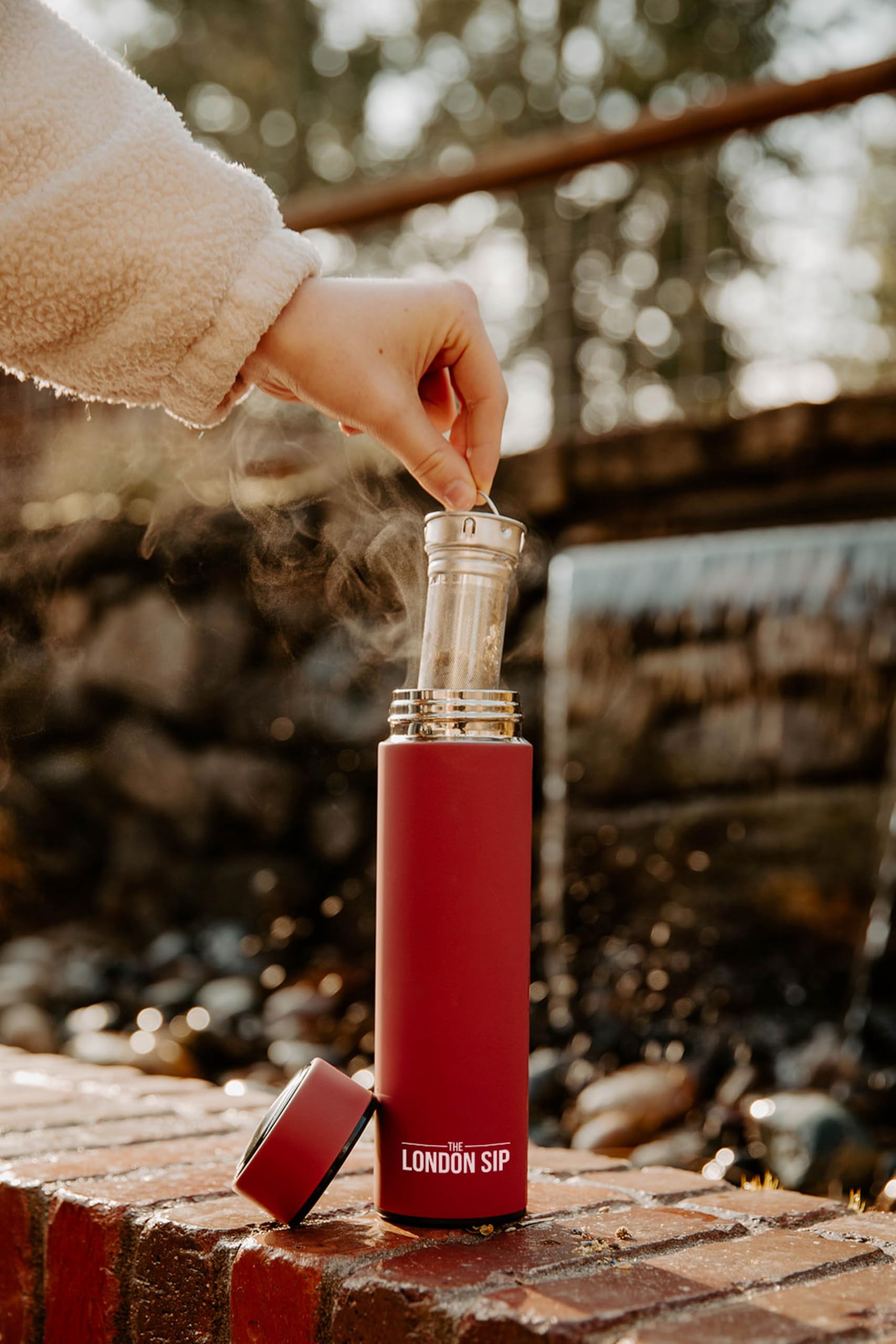 The London Sip Multi-Purpose Travel Mug and Tumbler Fruit Infused Flask Hot and Cold Double Wall Stainless Steel Thermos with Extra-Long Infuser, Sacred Red