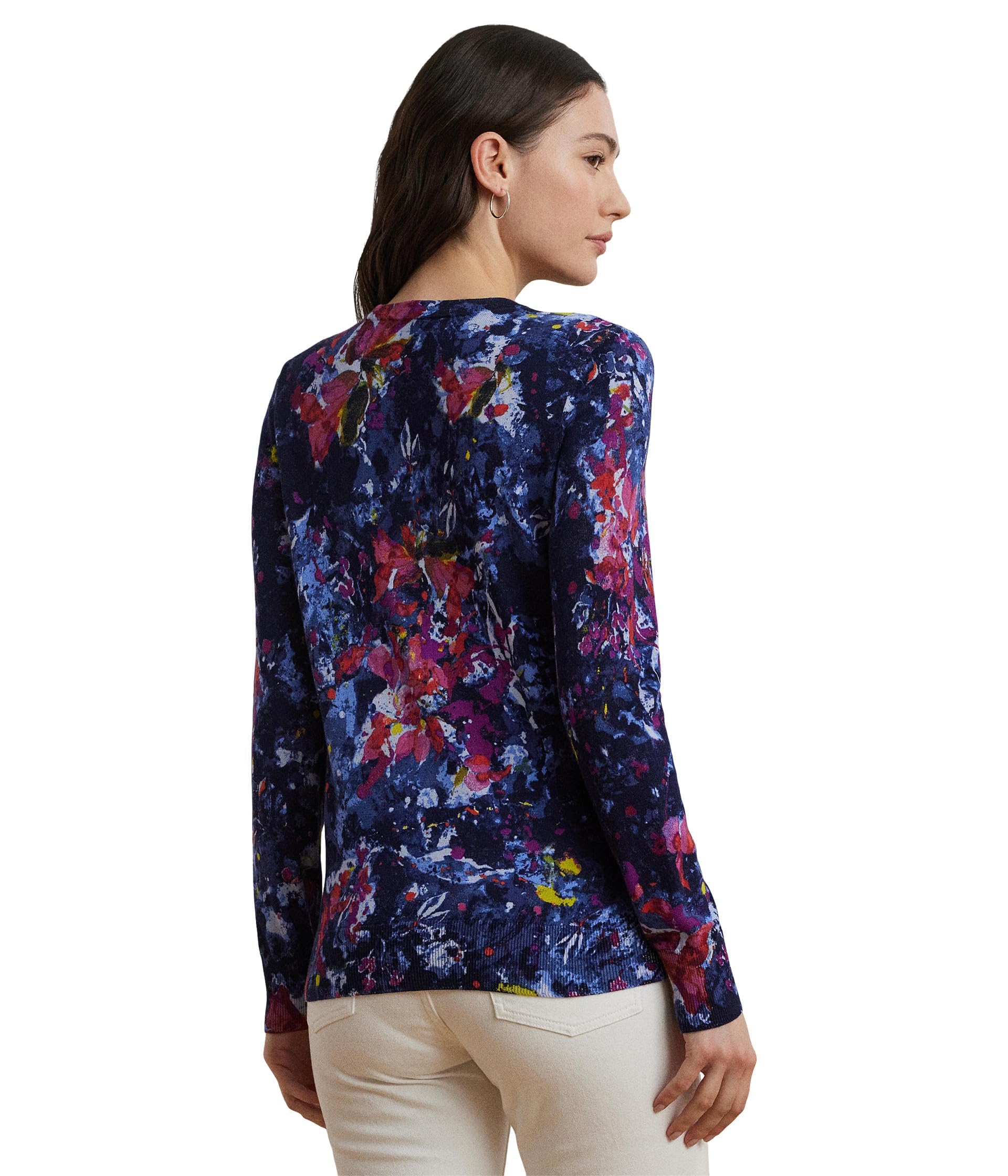 Lauren Ralph Lauren Womens Print Cotton-Blend Sweater Blue Multi X-Large