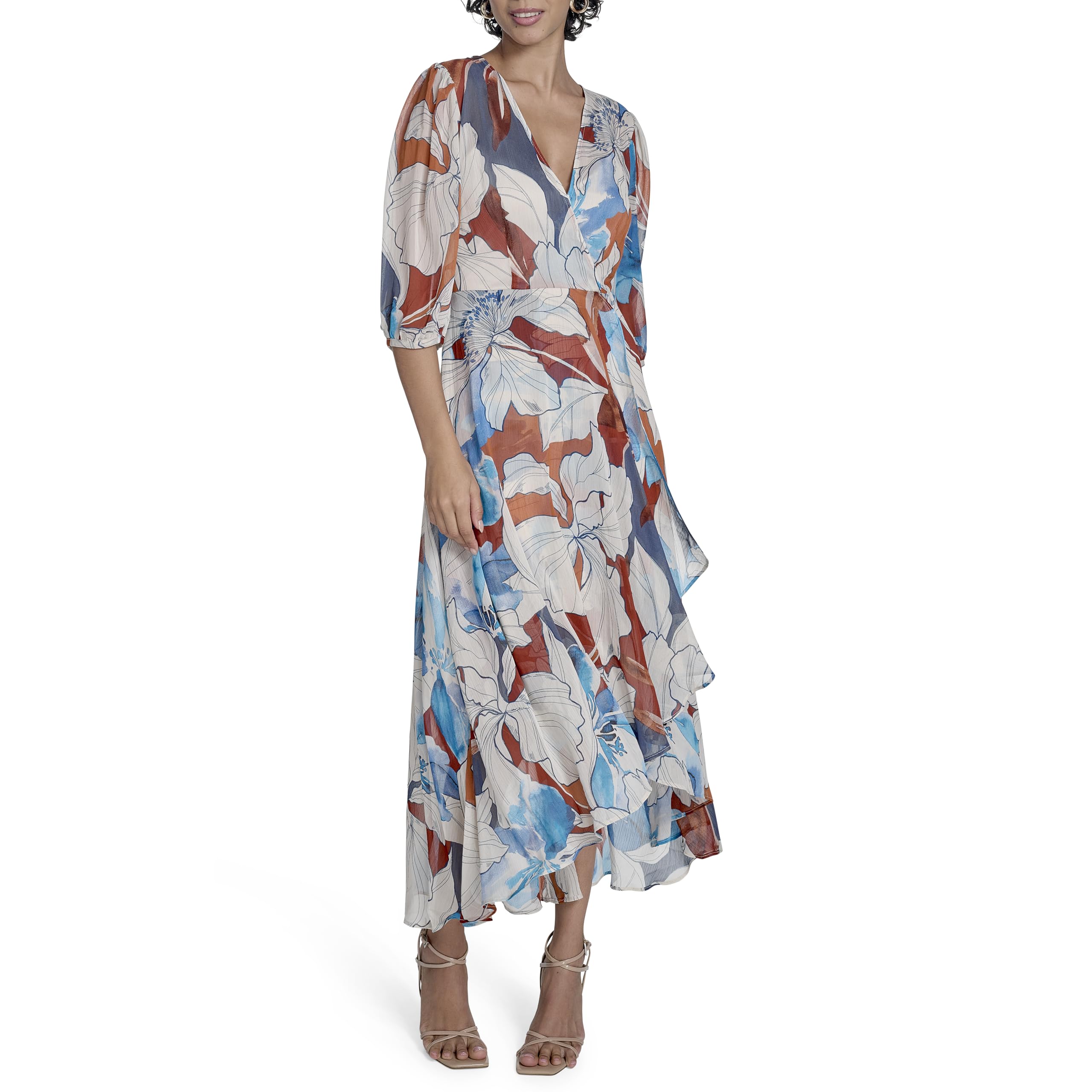 Calvin Klein Womens Chiffon Puff Sleeve Faux Wrap Oxford Multi 4 One Size