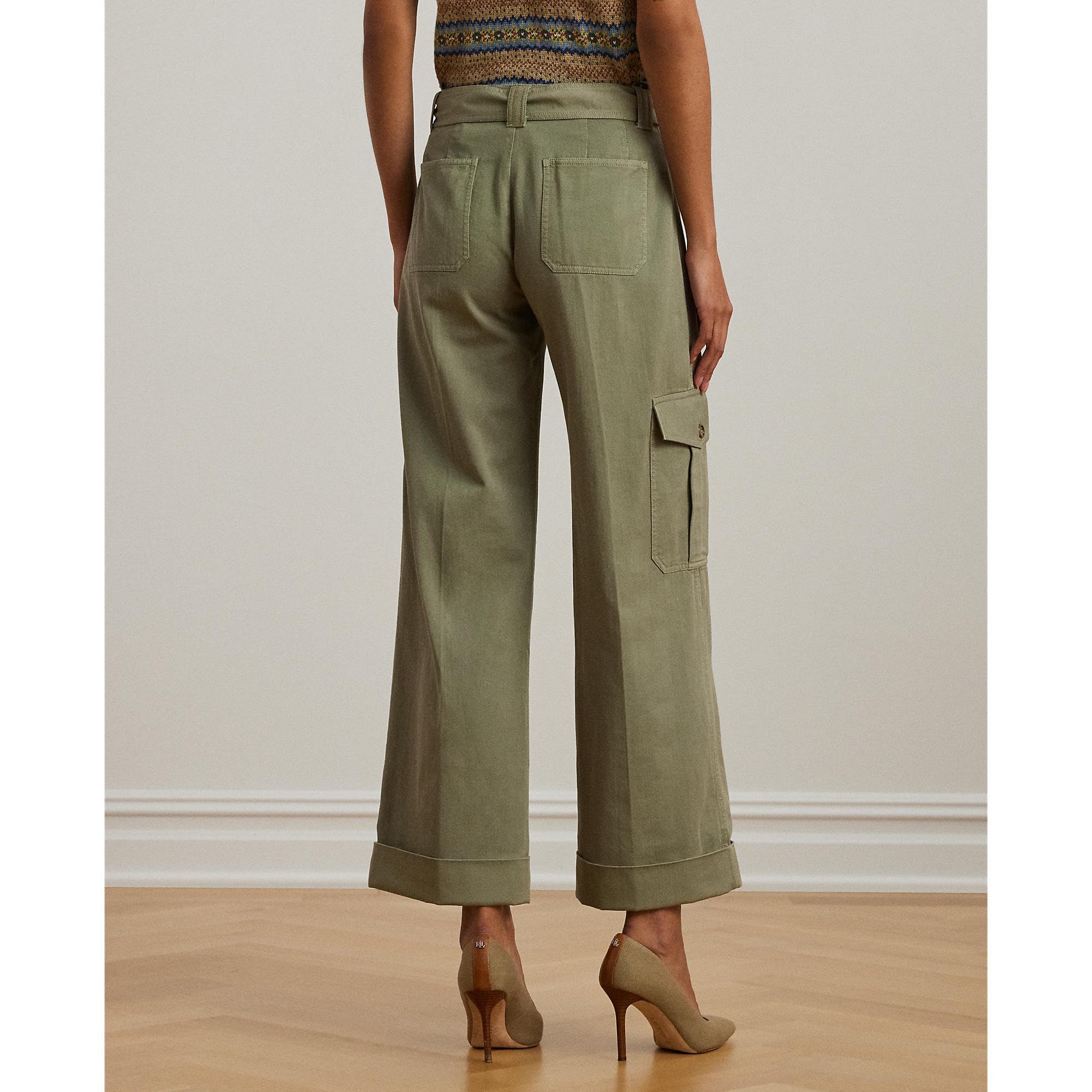 Lauren Ralph Lauren, Womens, Pleated Cotton Twill Wide-Leg Cargo Pants, Sage Green, Size: 12, Inseam: 27