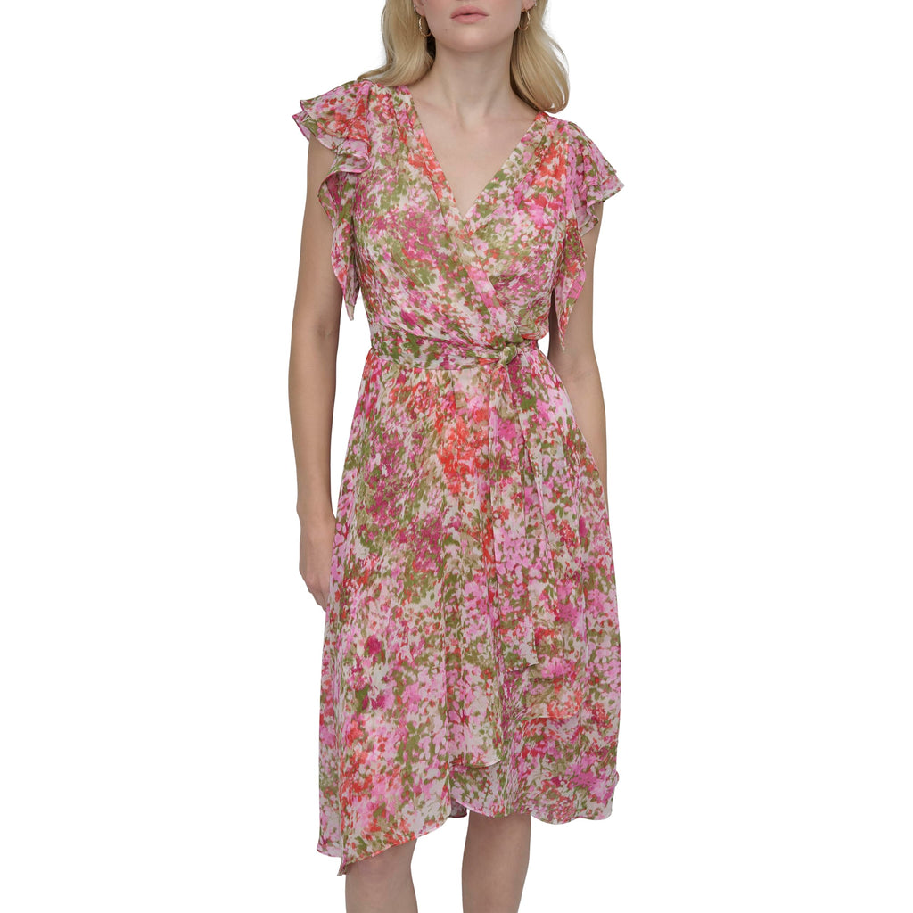 DKNY Women's Short Flutter Sleeve Surplice Neck Removable Belt Faux Wrap Dress, Ivory/Azalea Multi, 20W