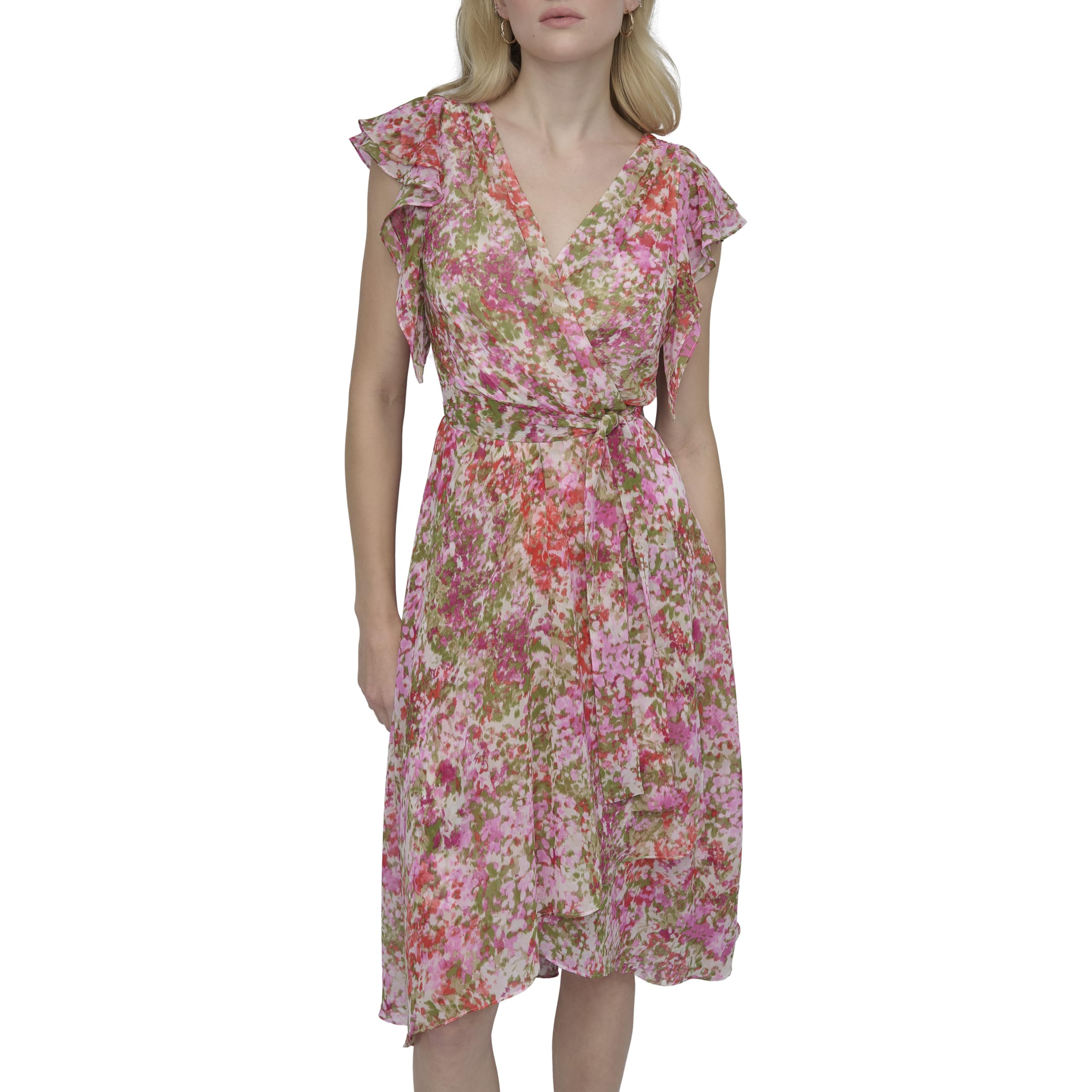 DKNY Women's Short Flutter Sleeve Surplice Neck Removable Belt Faux Wrap Dress, Ivory/Azalea Multi, 20W