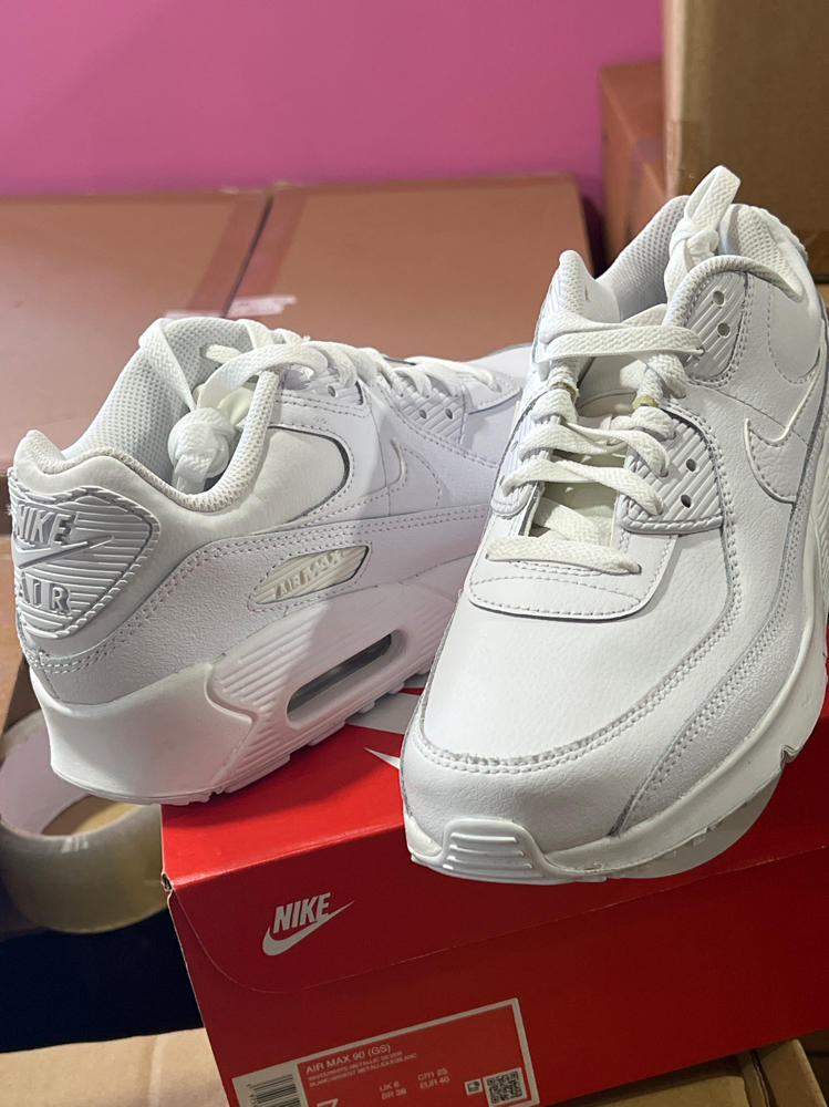 Nike Air Max 90 Big Kids' Shoes (HF6358-102, White/Metallic Silver/White/White) Size 7
