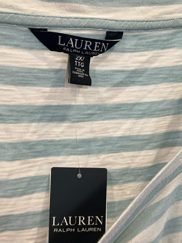 Lauren Ralph Lauren Women's Plus Size Striped Cotton Jersey Puff-Sleeve Tee Aqua Pearl/Mascarpone Cream 2X, 3x