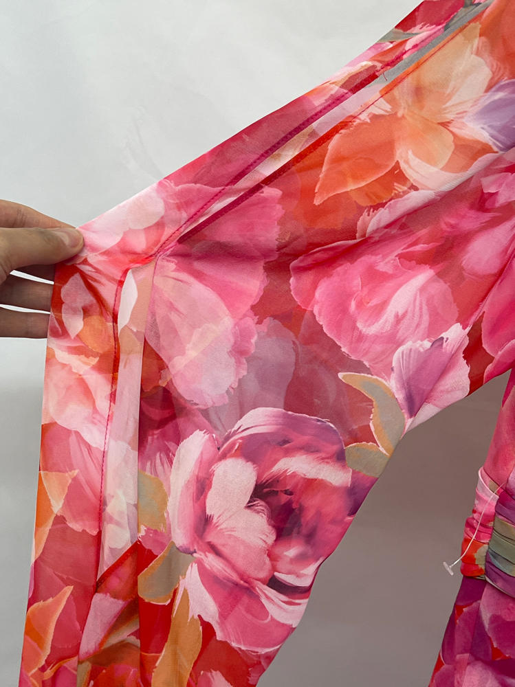 xscape Plus "Norene" Print Chiffon Long Sleeve Ruffle Floor Length Dress