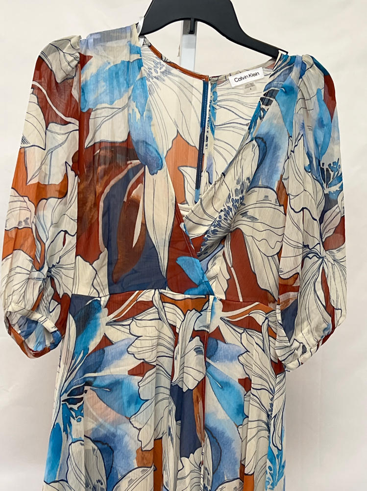 Calvin Klein Womens Chiffon Puff Sleeve Faux Wrap Oxford Multi 4 One Size