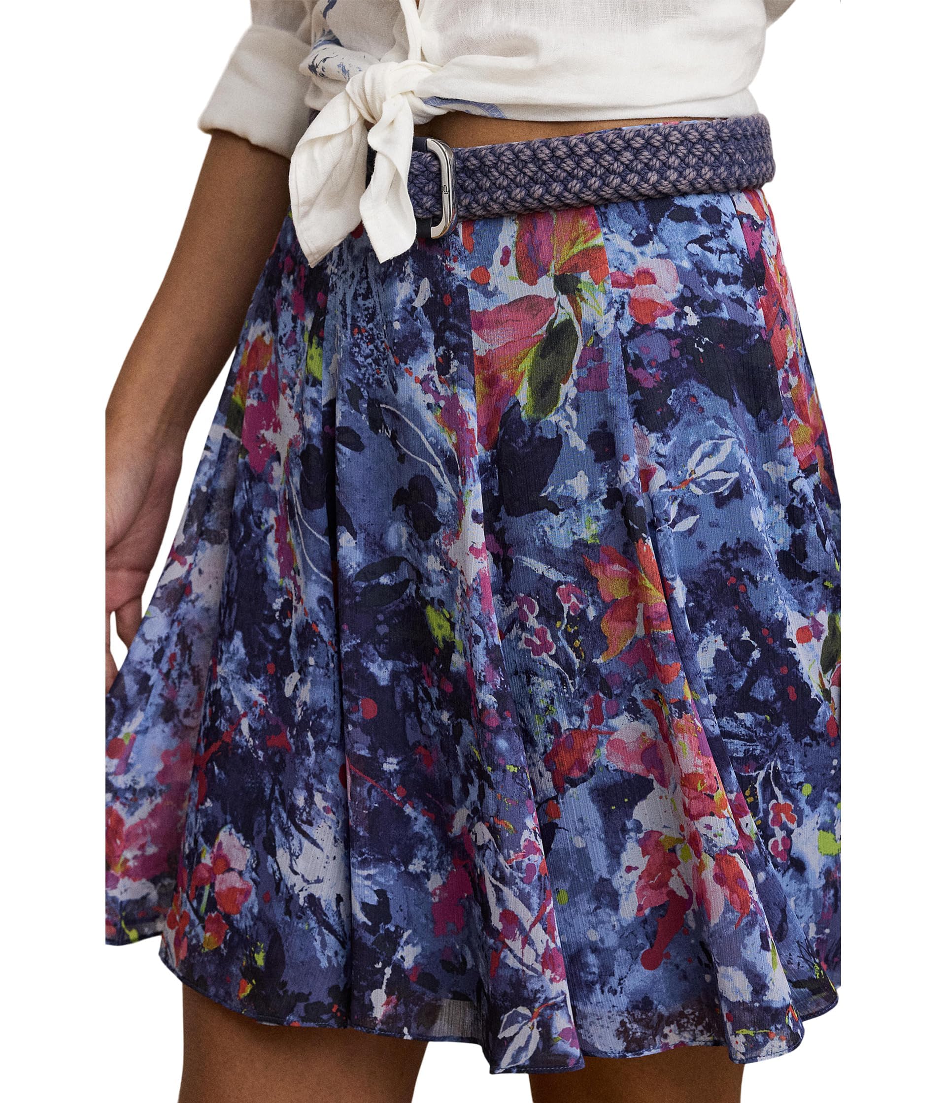 Lauren Ralph Lauren Womens Print Crinkle Georgette Miniskirt Blue Multi