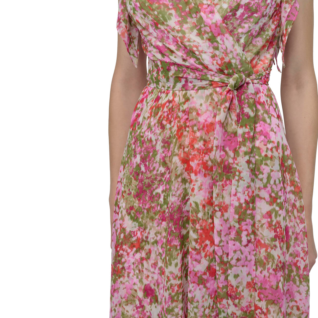 DKNY Women's Short Flutter Sleeve Surplice Neck Removable Belt Faux Wrap Dress, Ivory/Azalea Multi, 20W